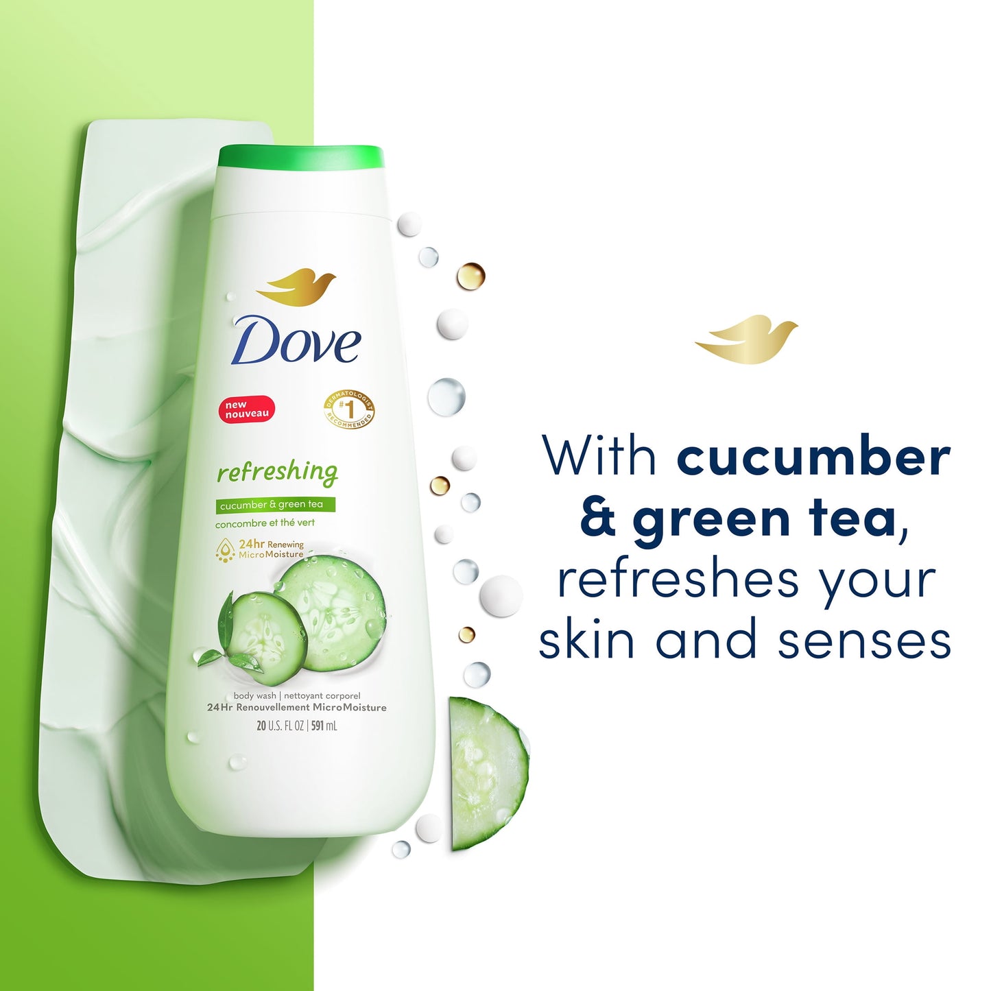 Dove Refreshing Long Lasting Gentle Body Wash, Cucumber and Green Tea, 20 fl oz