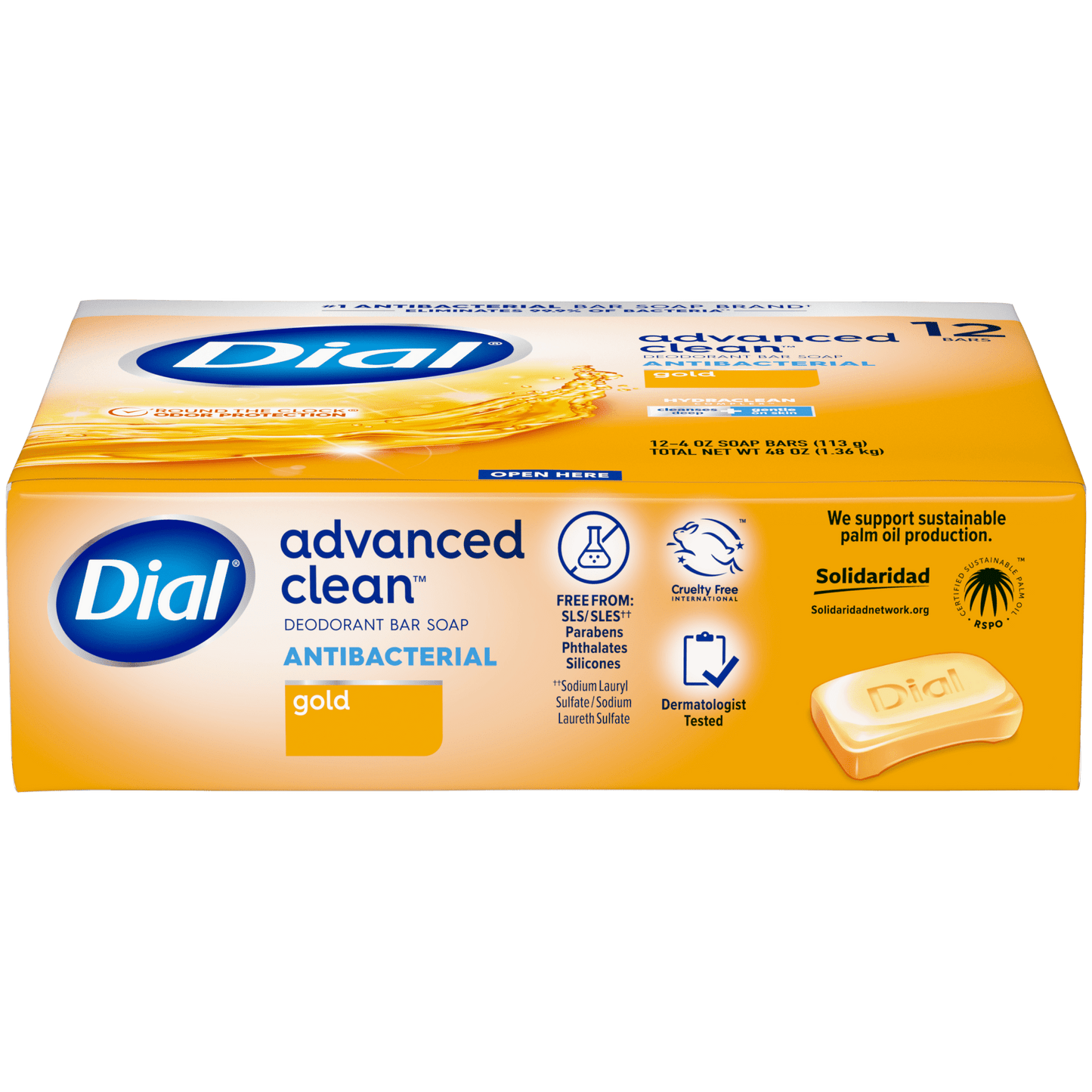 Dial Antibacterial Deodorant Bar Soap, Advanced Clean, Gold, 4 oz, 12 Bars