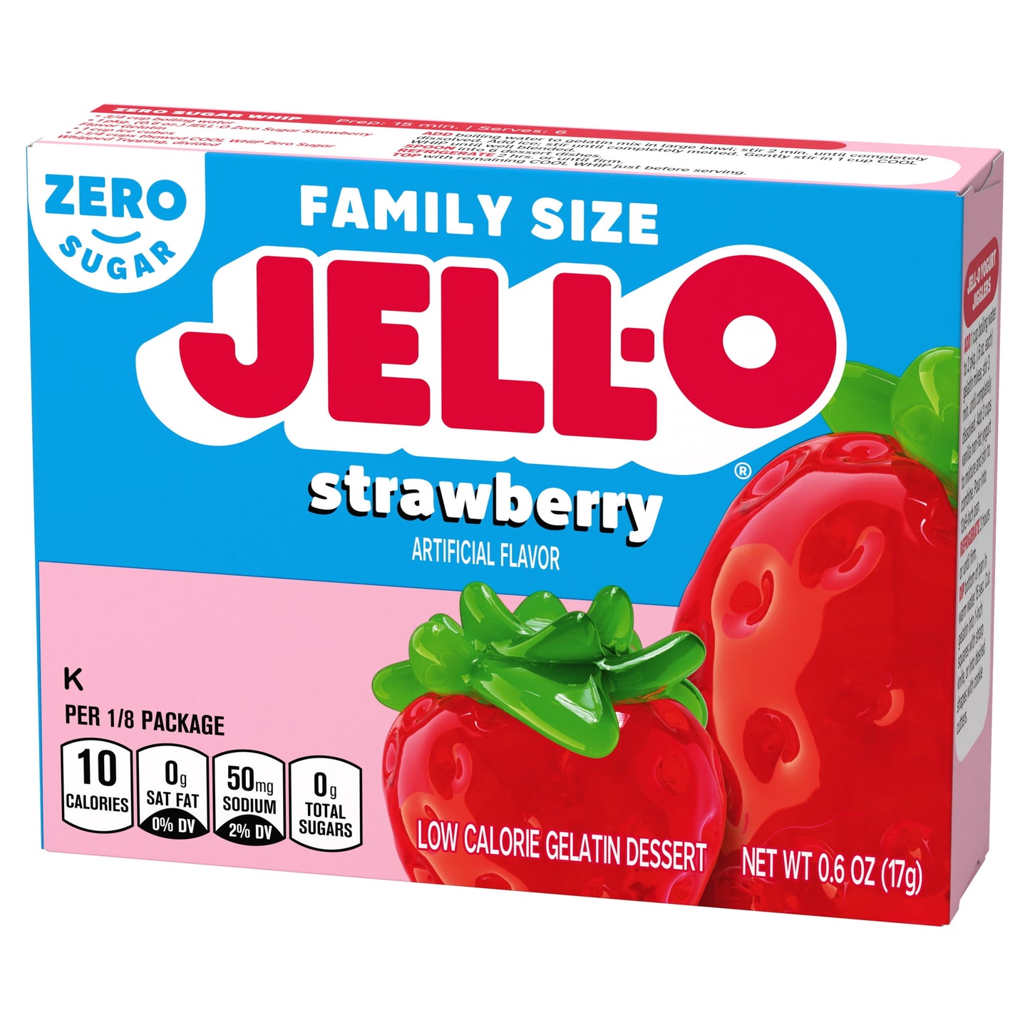 Jell-O Strawberry Artificially Flavored Zero Sugar Low Calorie Gelatin Dessert Mix, Family Size, 0.6 oz Box