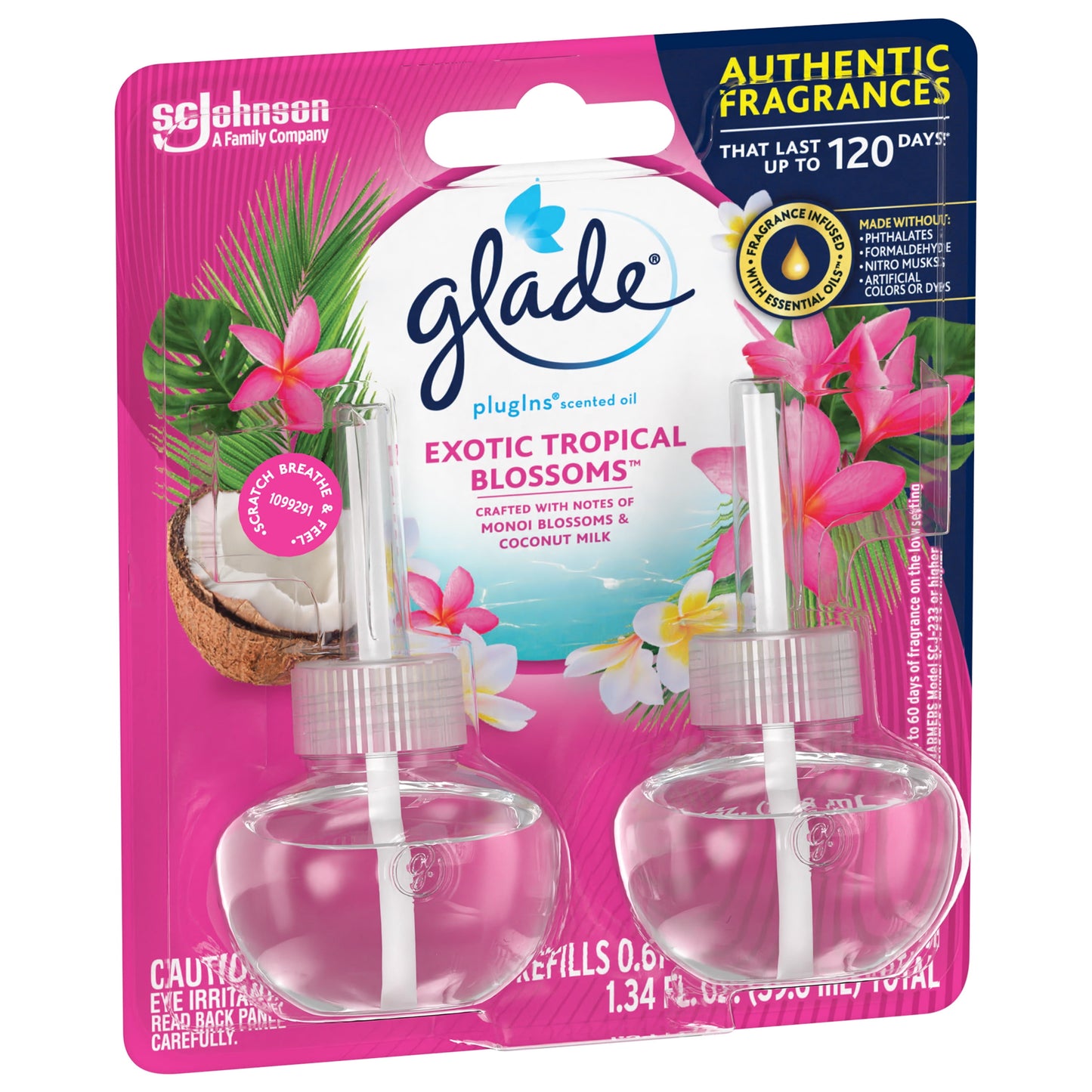 Glade PlugIns Refill 2 ct, Exotic Tropical Blossoms, 1.34 FL. oz. Total, Scented Oil Air Freshener Infused with Essential Oils