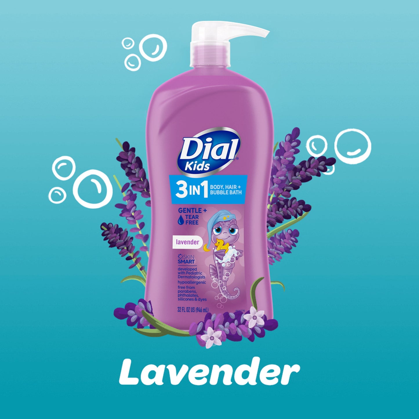 Dial Kids 3-in-1 Body+Hair+Bubble Bath, Lavender Scent, 32 fl oz