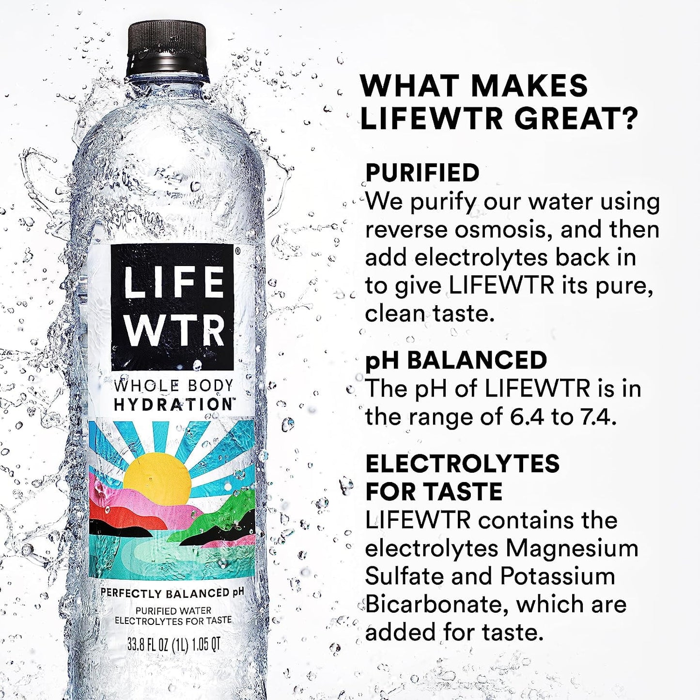 LIFEWTR Premium Purified Bottled Water, pH Balanced with Electrolytes For Taste, 1 Liter Bottle