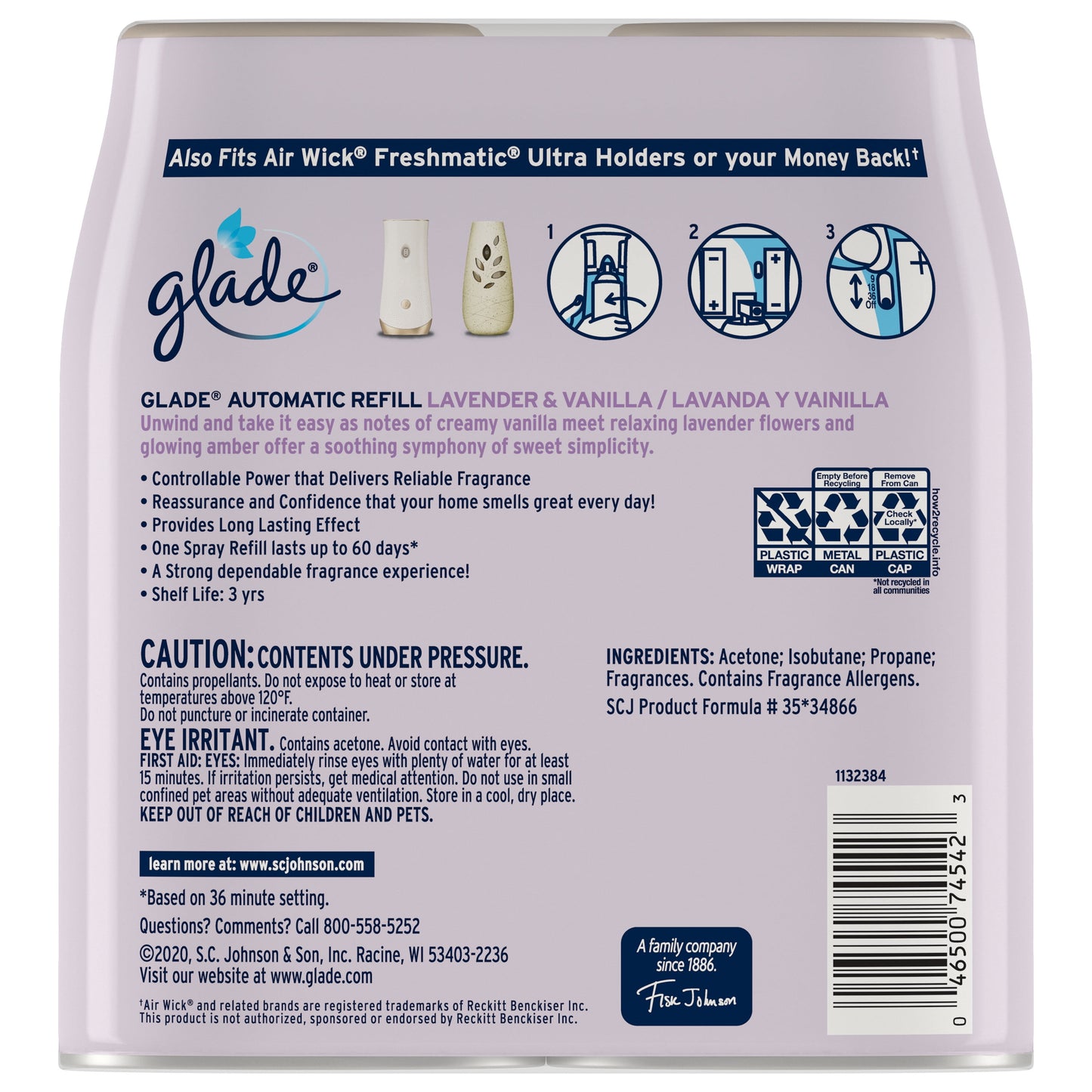 Glade Automatic Spray Refill, Air Freshener, Lavender & Vanilla, 2 Refills, 2 x 6.2 oz