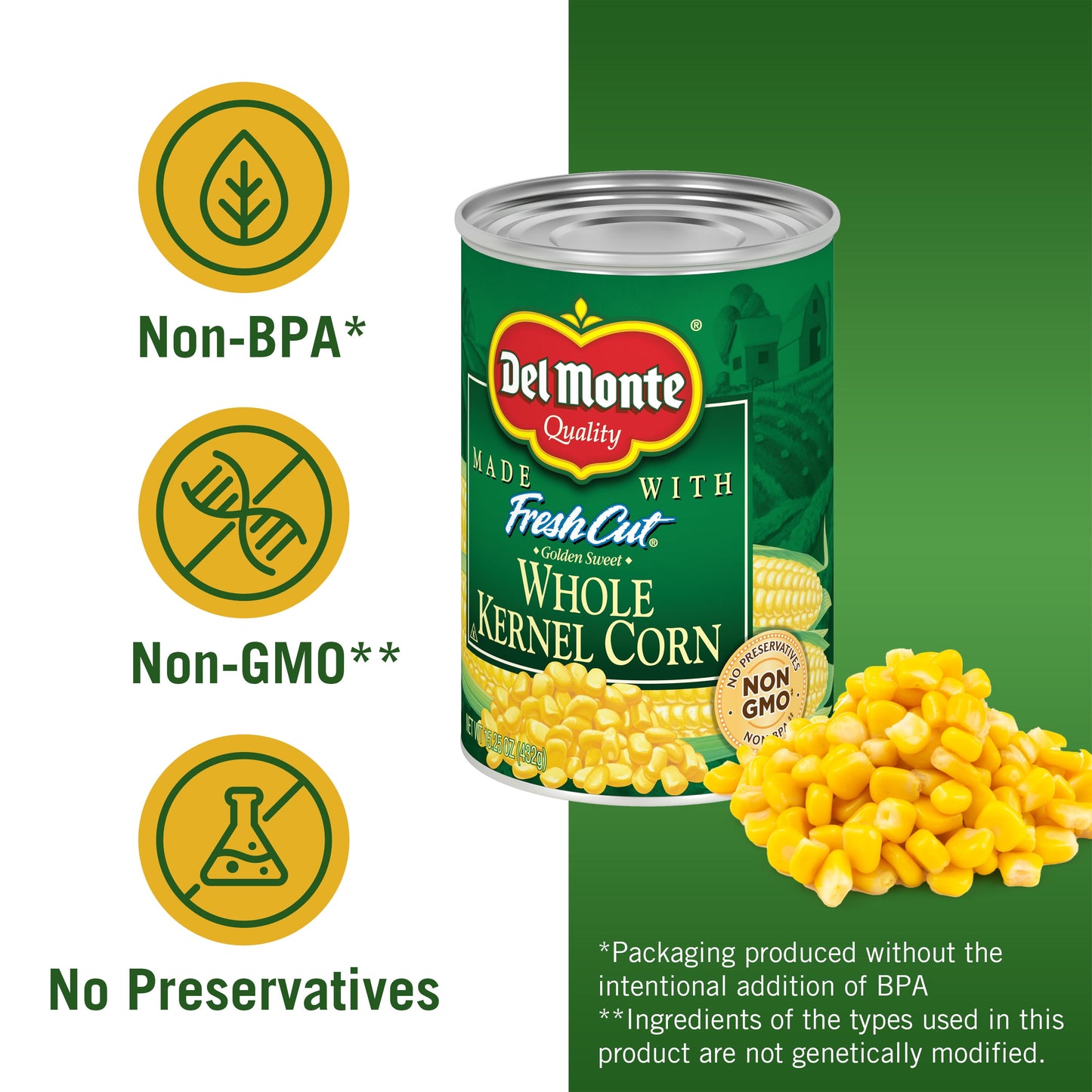 Del Monte Canned Golden Sweet Whole Kernel Corn, 15.25 oz Can