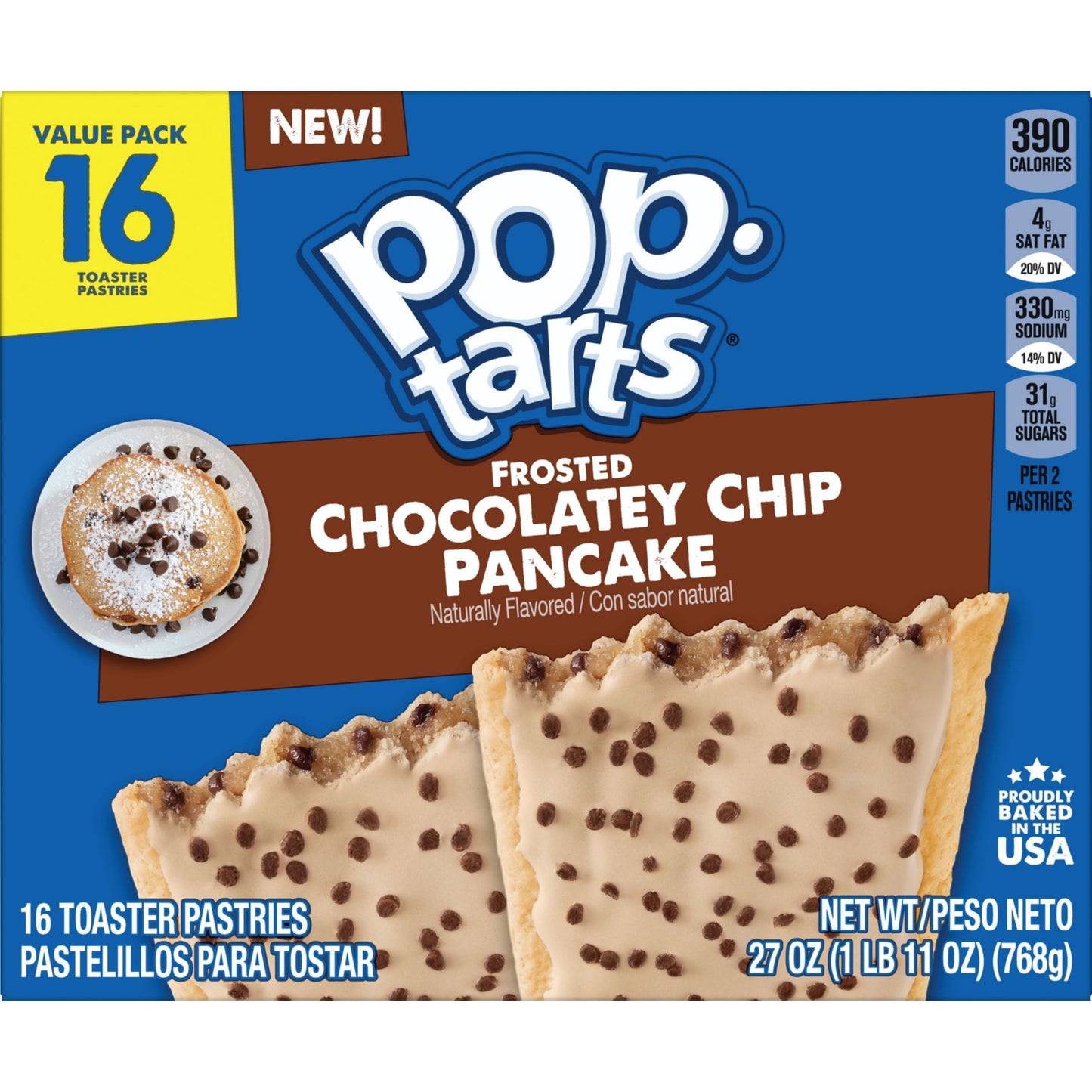 Pop-Tarts Frosted Chocolatey Chip Pancake Instant Breakfast Toaster Pastries, Shelf-Stable, Ready-to-Eat, 27 oz, 16 Count Box