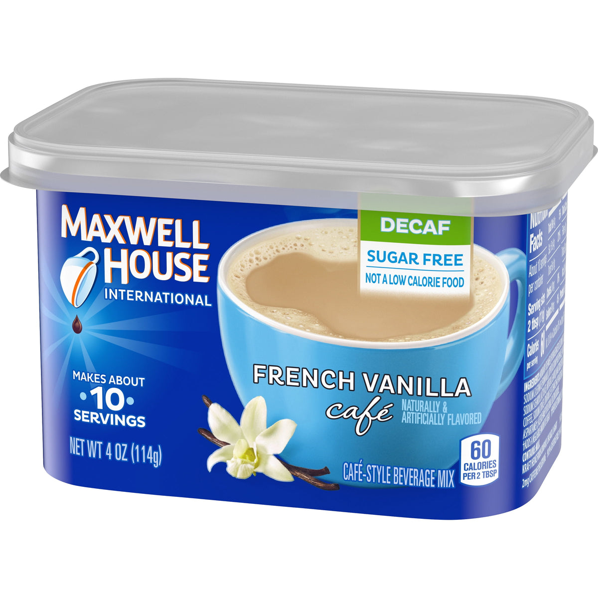Maxwell House International French Vanilla Sugar Free Decaf Instant Coffee, Decaffeinated, 4 oz. Canister
