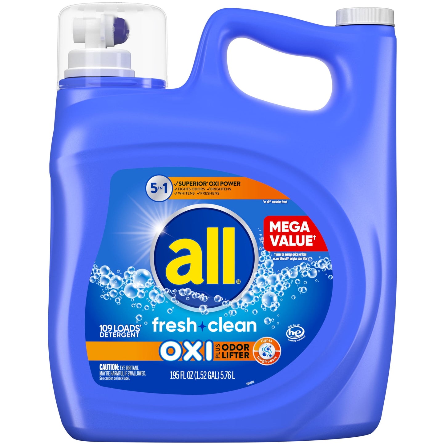 all Liquid Laundry Detergent, Fresh Clean Oxi plus Odor Lifter, 195 fl oz, 109 Loads