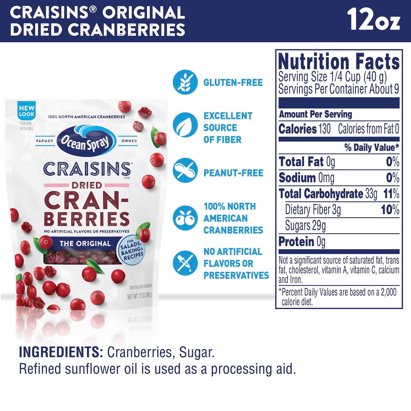 Ocean Spray® Craisins® Original Dried Cranberries, Dried Fruit, 12 oz Pouch