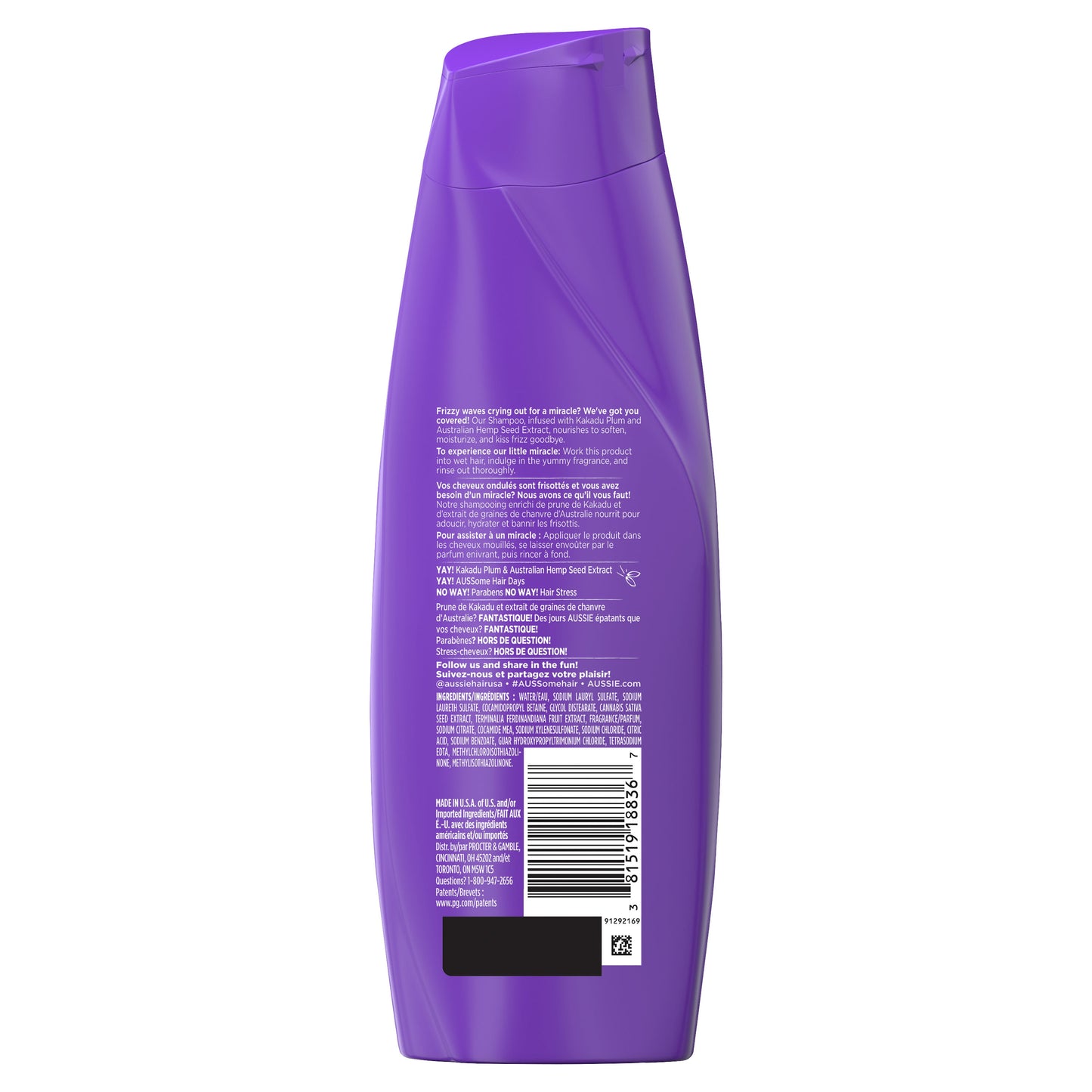 Aussie Miracle Waves Anti-Frizz Hemp Paraben-Free Shampoo, 12.1 fl oz