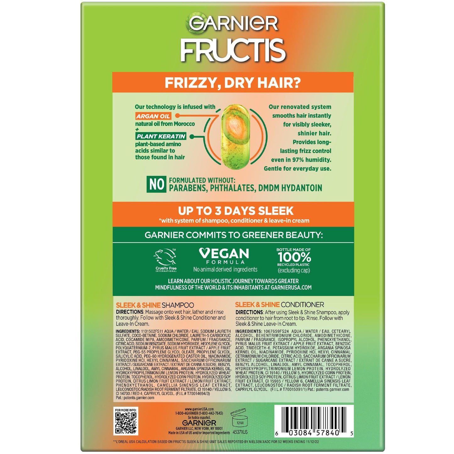 Garnier Fructis Sleek & Shine Shampoo and Conditioner for Frizzy Dry Hair, 1 kit