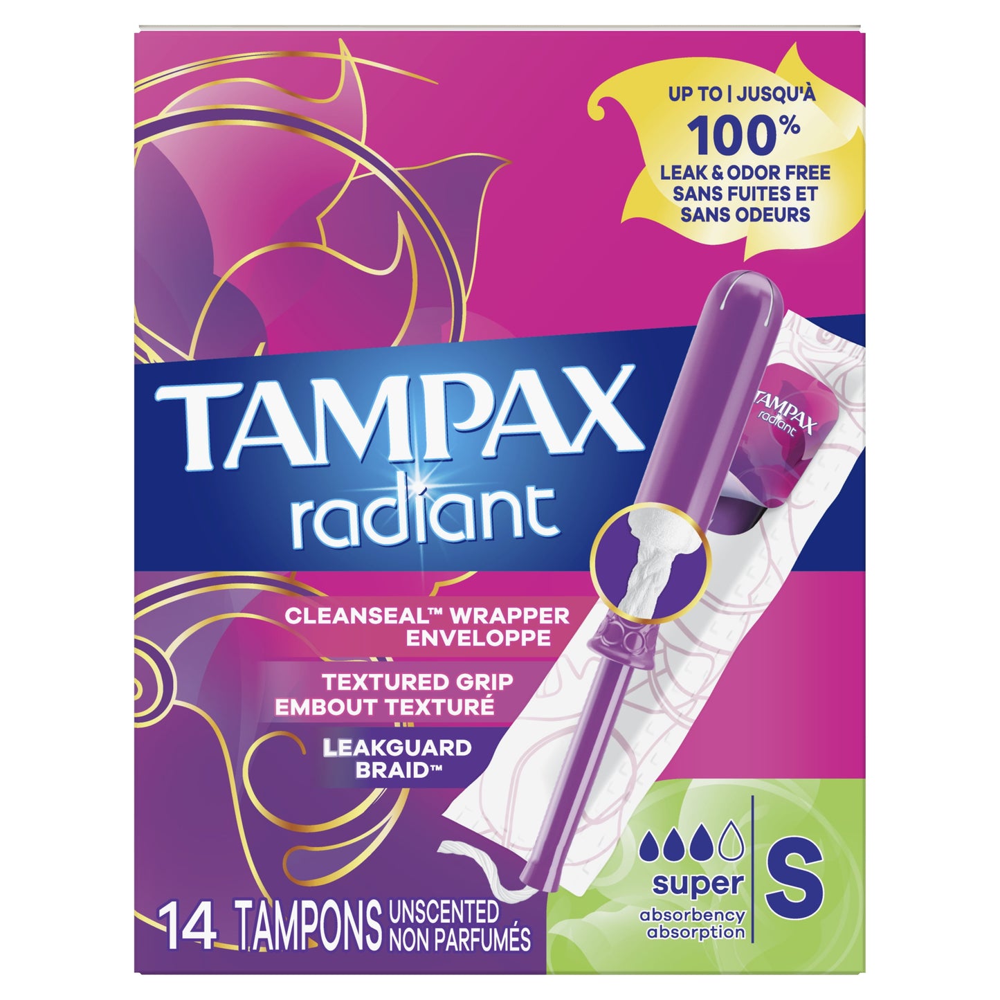 Tampax Radiant Tampons with LeakGuard Braid, Super Absorbency, 14 Count