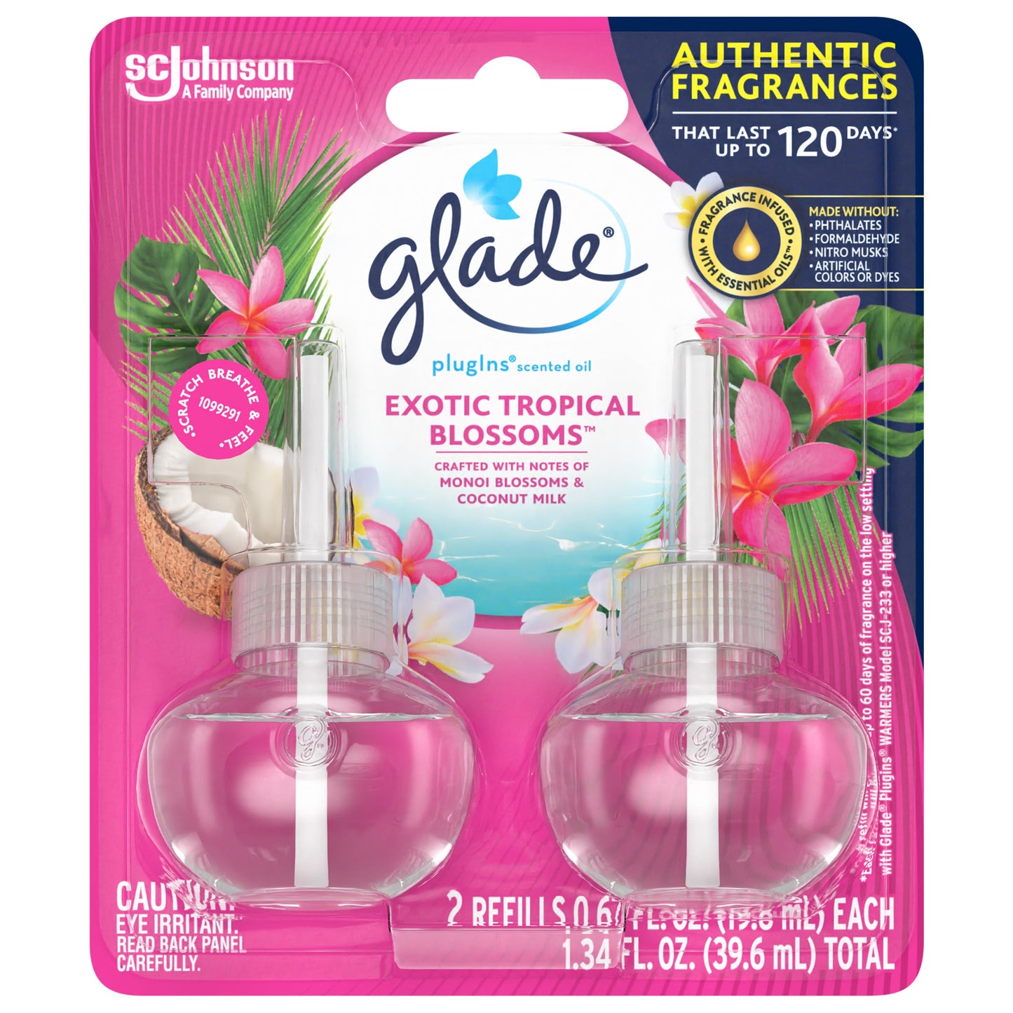 Glade PlugIns Refill 2 ct, Exotic Tropical Blossoms, 1.34 FL. oz. Total, Scented Oil Air Freshener Infused with Essential Oils