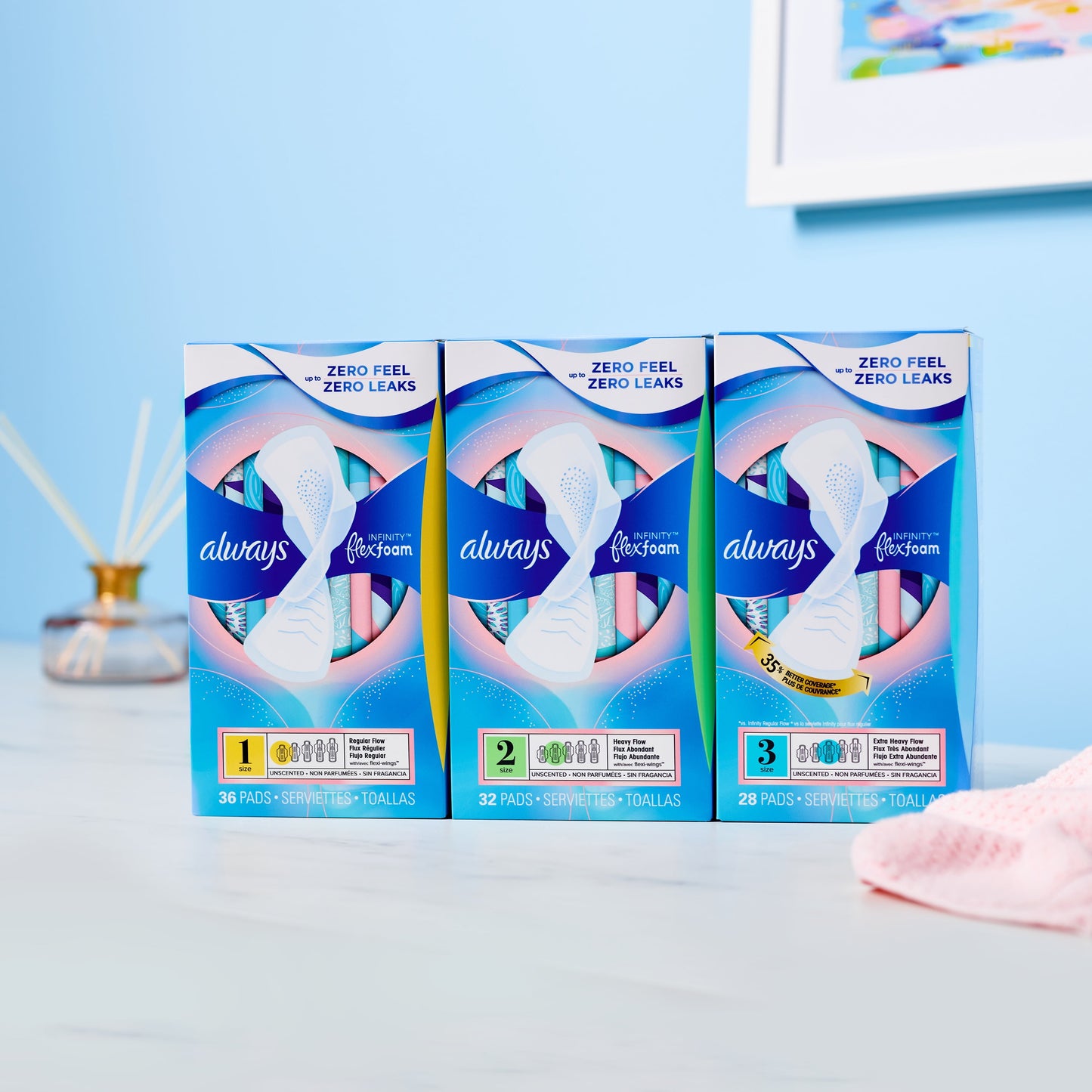 Always Infinity Feminine Pads with wings, Size 2, Heavy Absorbency, unscented, 46 Ct