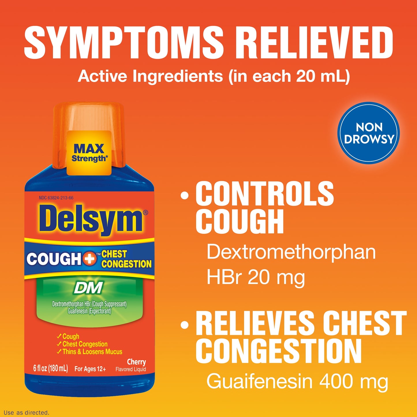 Delsym Max Strength DM Cough + Chest Congestion Medicine, Powerful Multi-Symptom Relief, #1 Pharmacist Recommended, Cherry Flavor, 6 Fl Oz