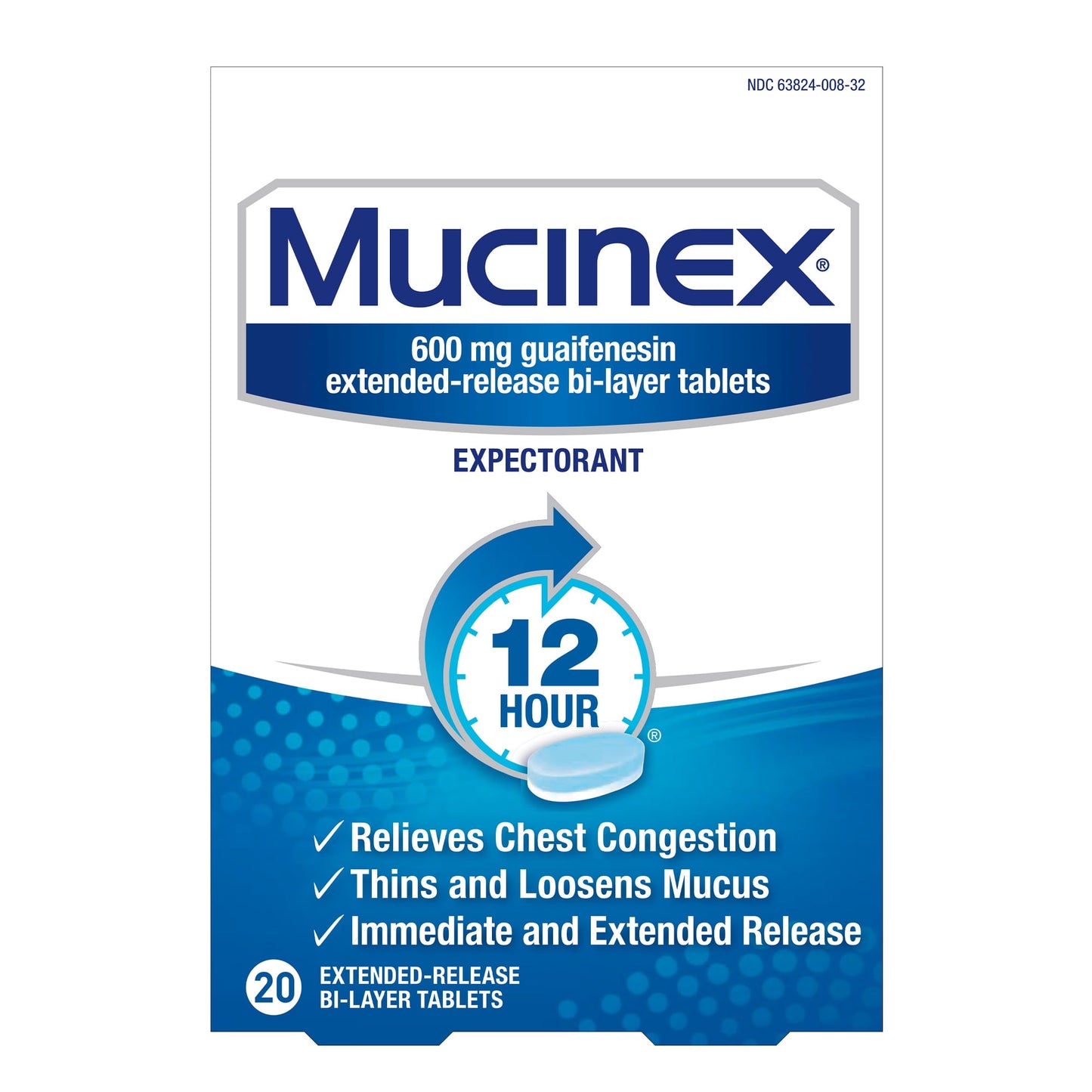 Mucinex 12 Hour Relief, Chest Congestion and Cough Medicine, 20 Tablets