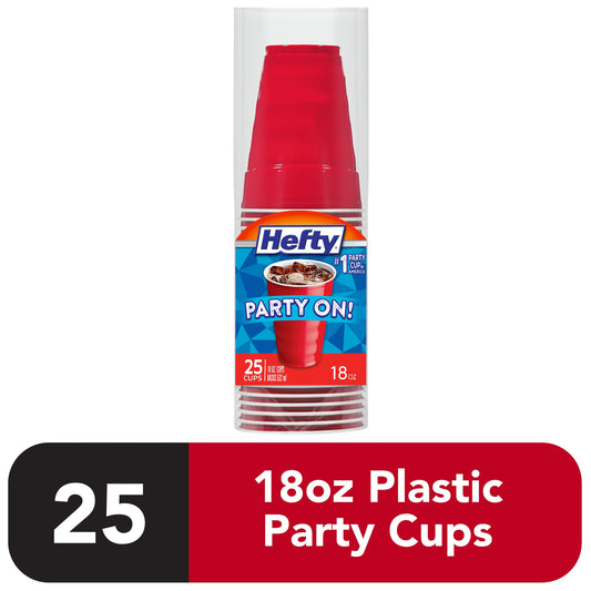 Hefty Party On Disposable Plastic Cups, Red, 18 Ounce, 25 Count