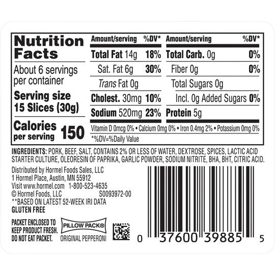 HORMEL, Pepperoni, Pizza Topping, Gluten Free, Original, 6 oz Plastic Resealable Package