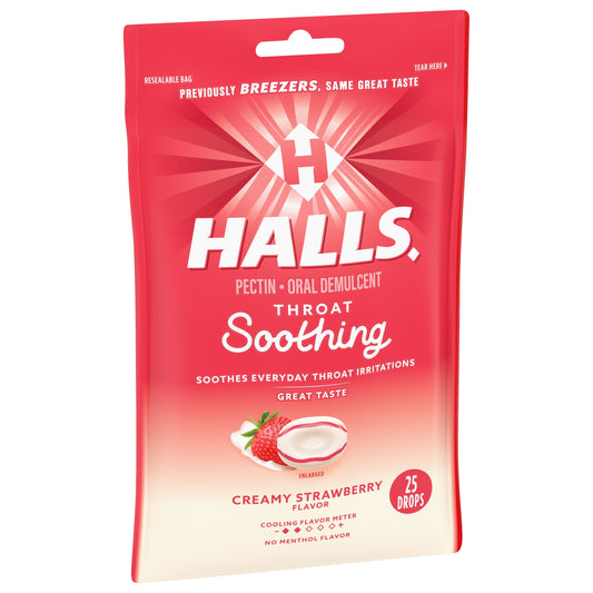 HALLS Throat Soothing (Formerly HALLS Breezers) Creamy Strawberry Throat Drops, 25 Drops