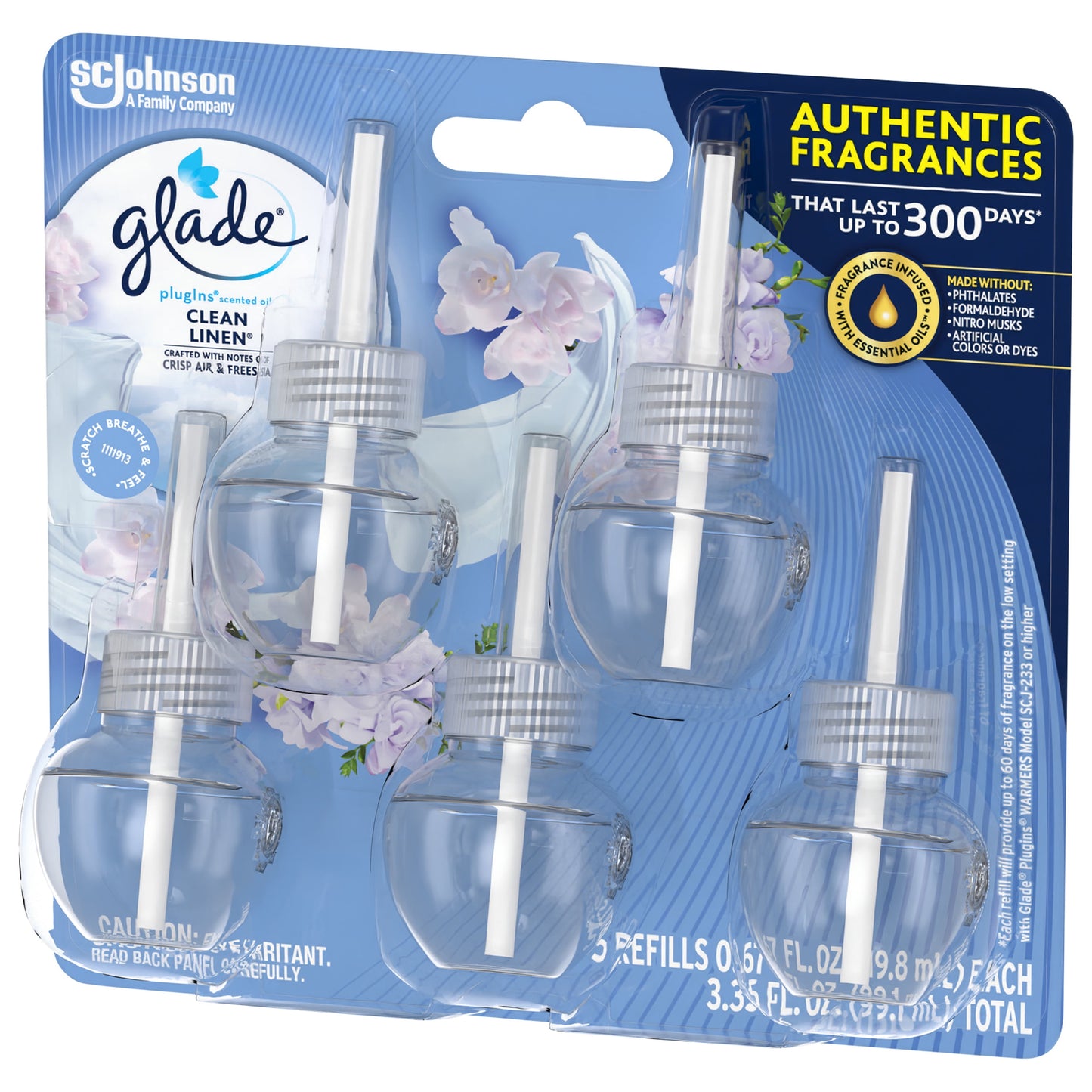 Glade PlugIns Refill 5 ct, Clean Linen, 3.35 FL. oz. Total, Scented Oil Air Freshener Infused with Essential Oils