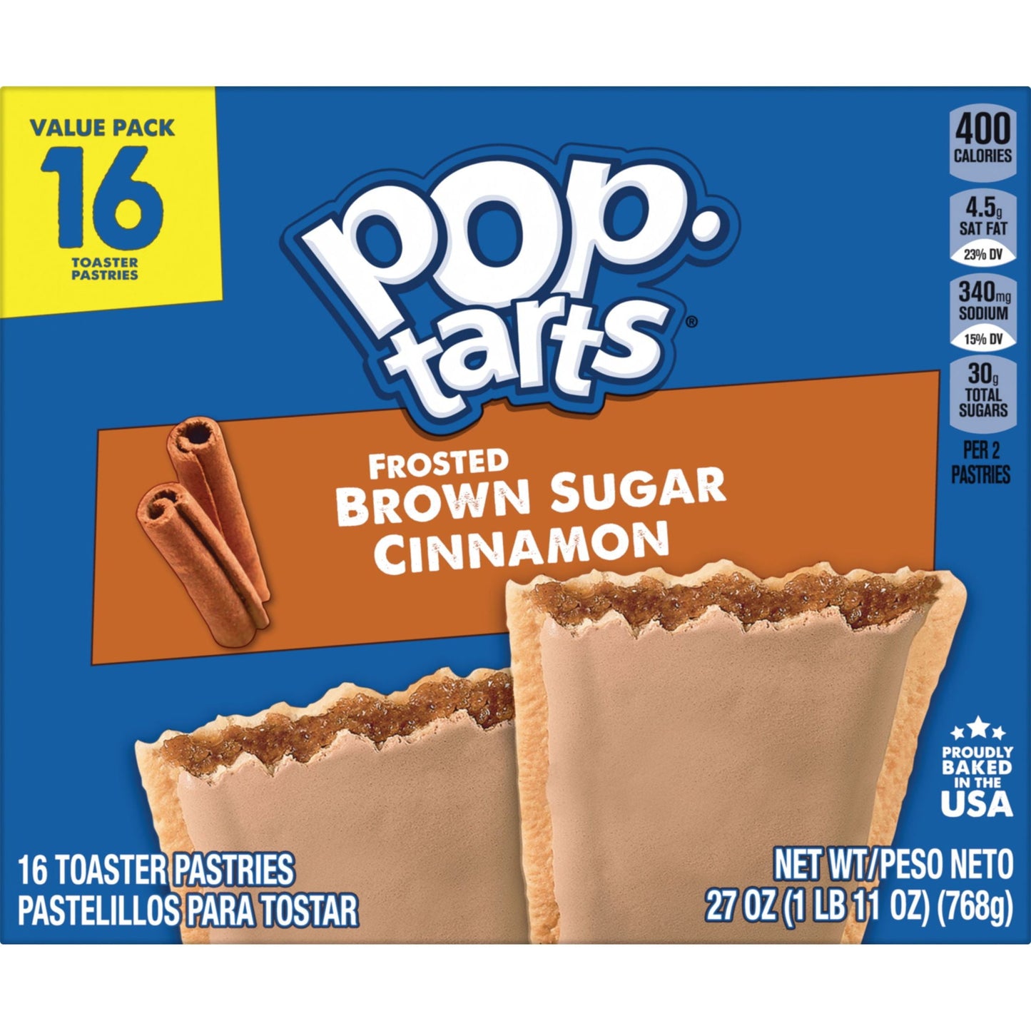 Pop-Tarts Frosted Brown Sugar Cinnamon Instant Breakfast Toaster Pastries, Shelf-Stable, Ready-to-Eat, 27 oz, 16 Count Box