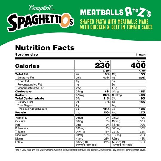 SpaghettiOs A to Z's Canned Pasta with Meatballs, 15.6 oz Can