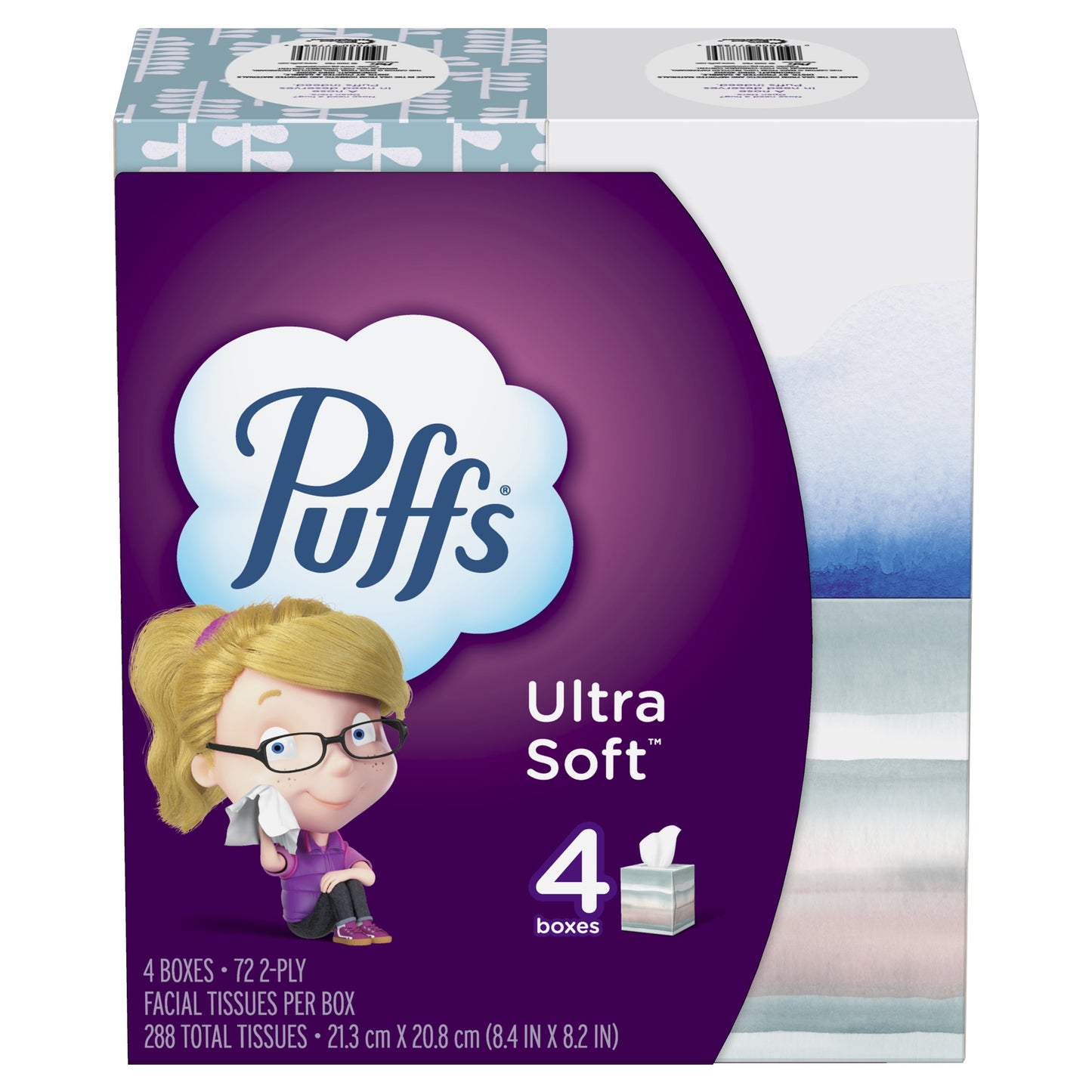 Puffs Ultra Soft Non-Lotion Facial Tissues, 4 Mega Cube Boxes, Purple, 72 Tissues per Box