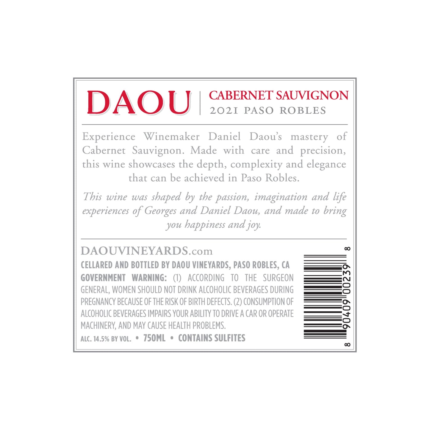 Daou Cabernet Sauvignon Red Wine, Paso Robles CA, 750Ml Glass Bottle