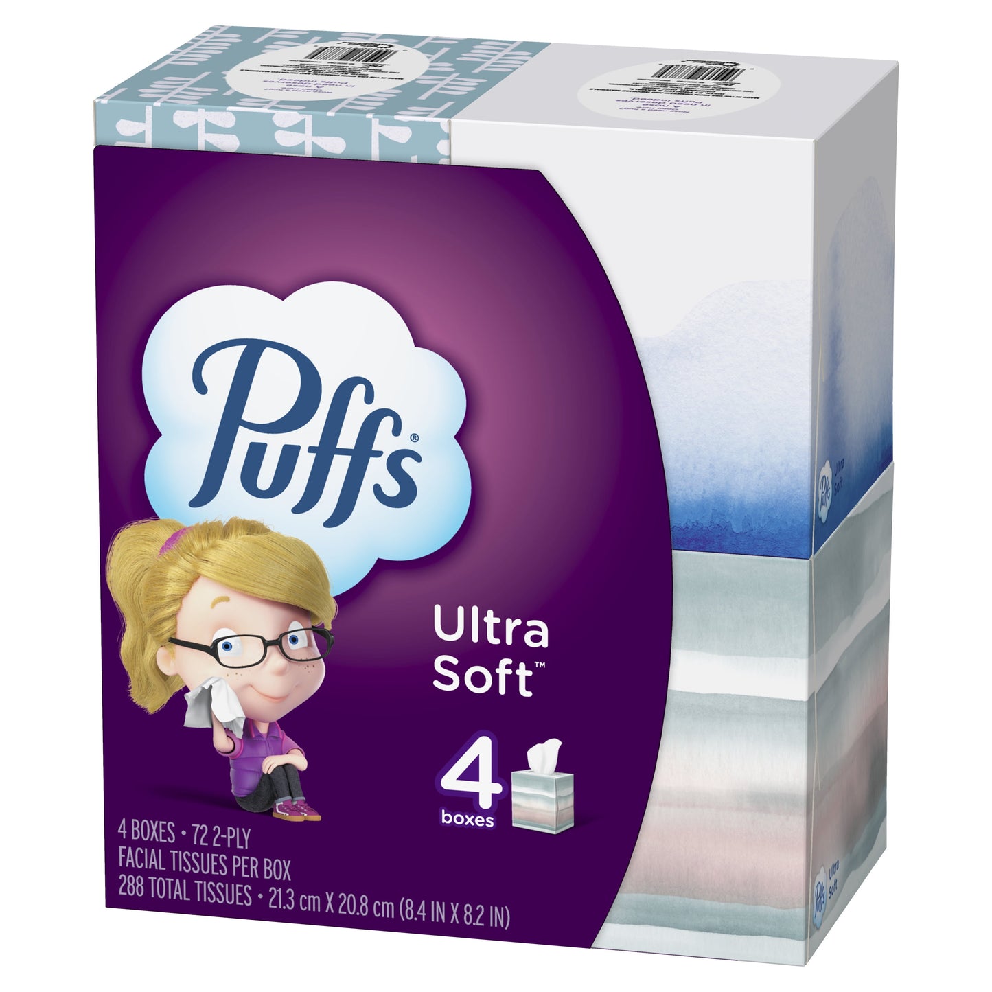 Puffs Ultra Soft Non-Lotion Facial Tissues, 4 Mega Cube Boxes, Purple, 72 Tissues per Box