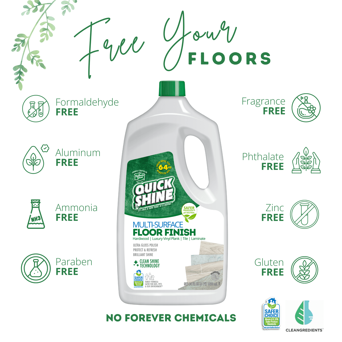 Quick Shine Multi-Surface Floor Finish, 64 fl oz, Unscented Household Floor Cleaner & Polish