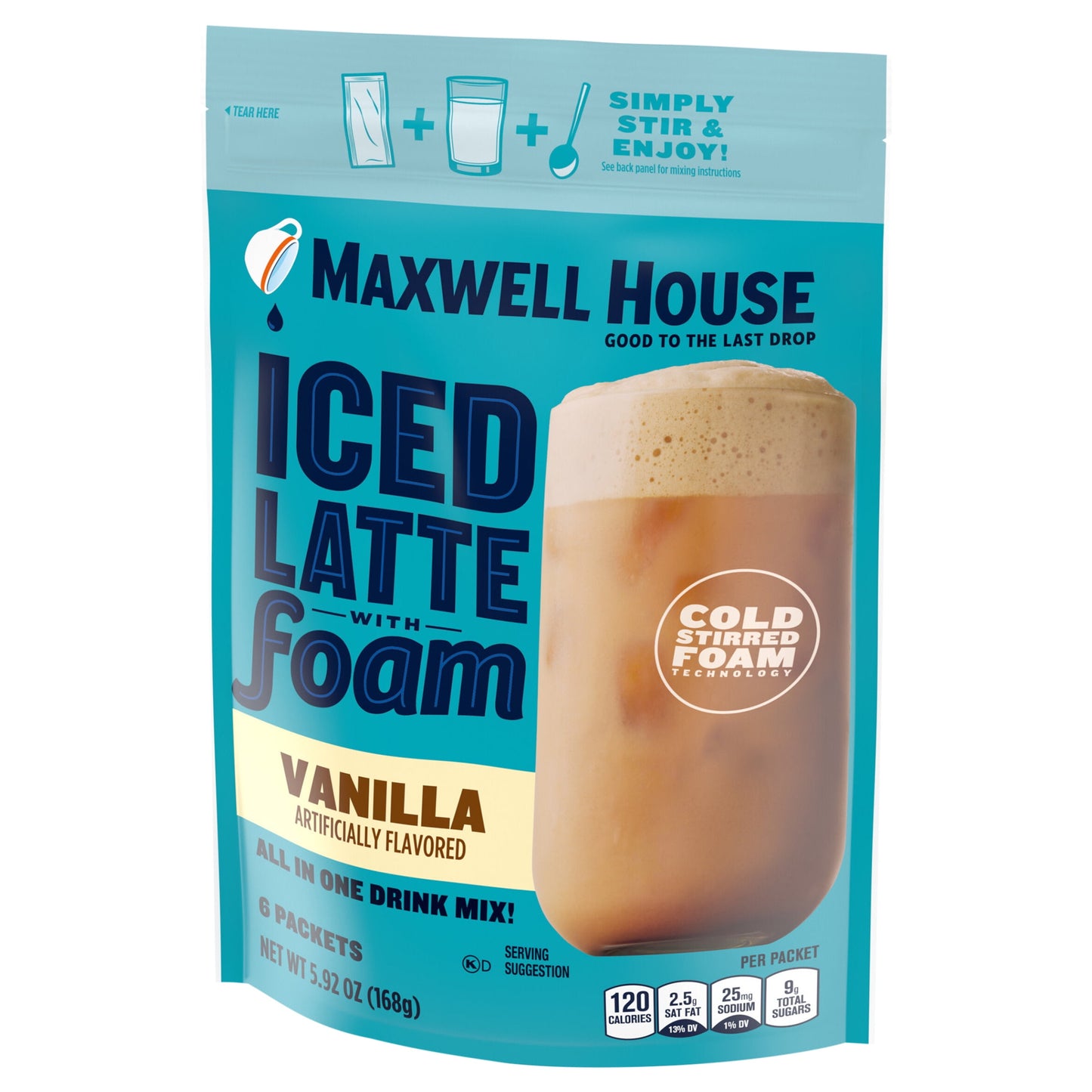 Maxwell House Iced Vanilla Latte with Foam Instant Coffee Drink Mix, 5.92 oz, 6 Packets