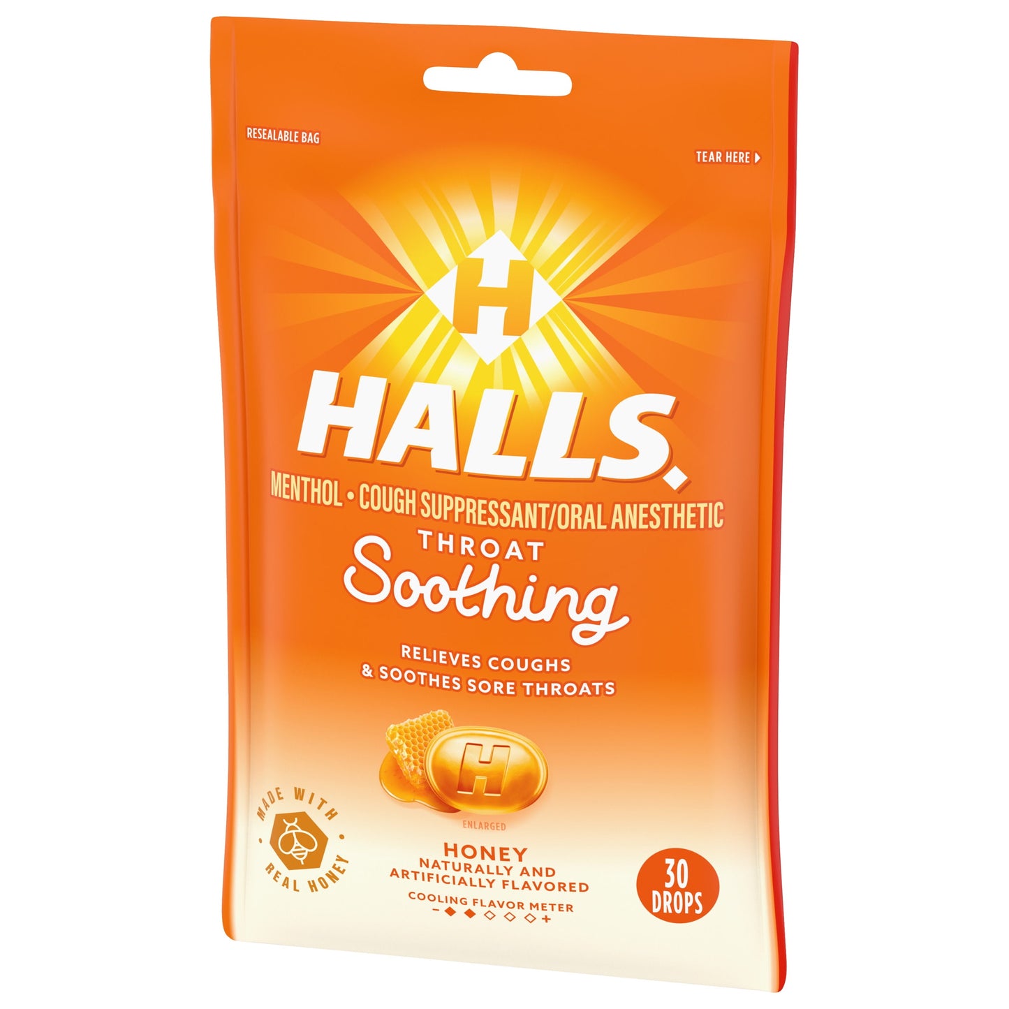 HALLS Throat Soothing Honey Cough Drops, 30 Drops