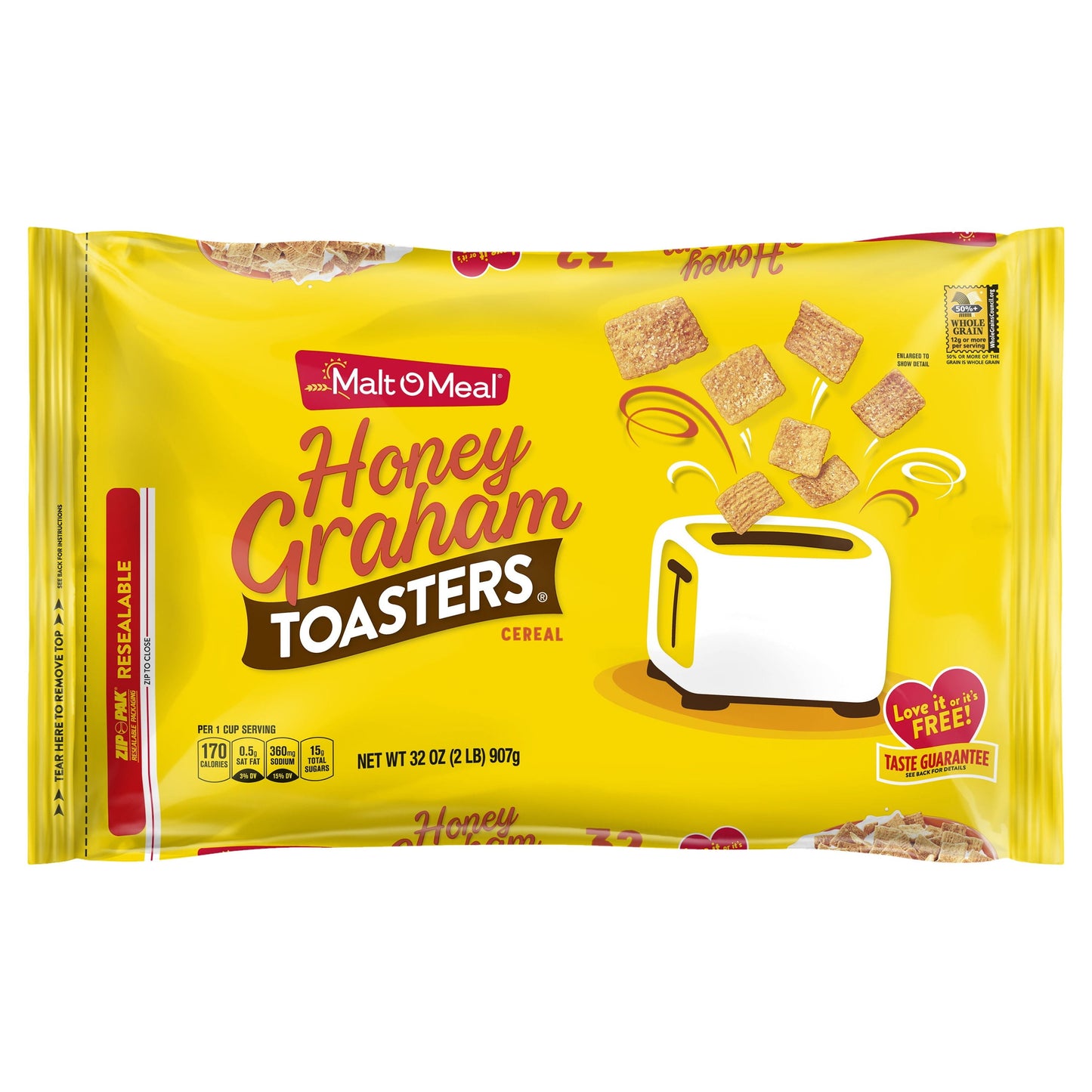 Malt-O-Meal Honey Graham Toasters Breakfast Cereal, Honey Graham Cereal Squares, 32 oz Resealable Cereal Bag