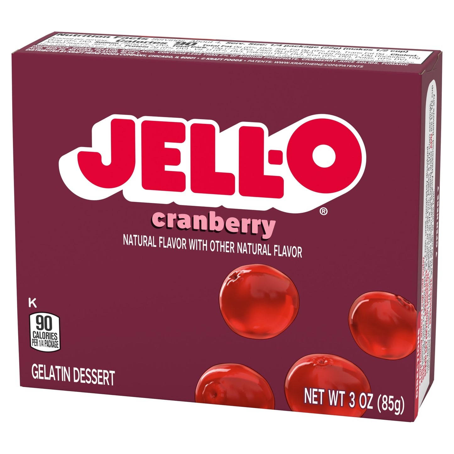 Jell-O Cranberry Artificially Flavored Gelatin Dessert Mix, 3 oz Box