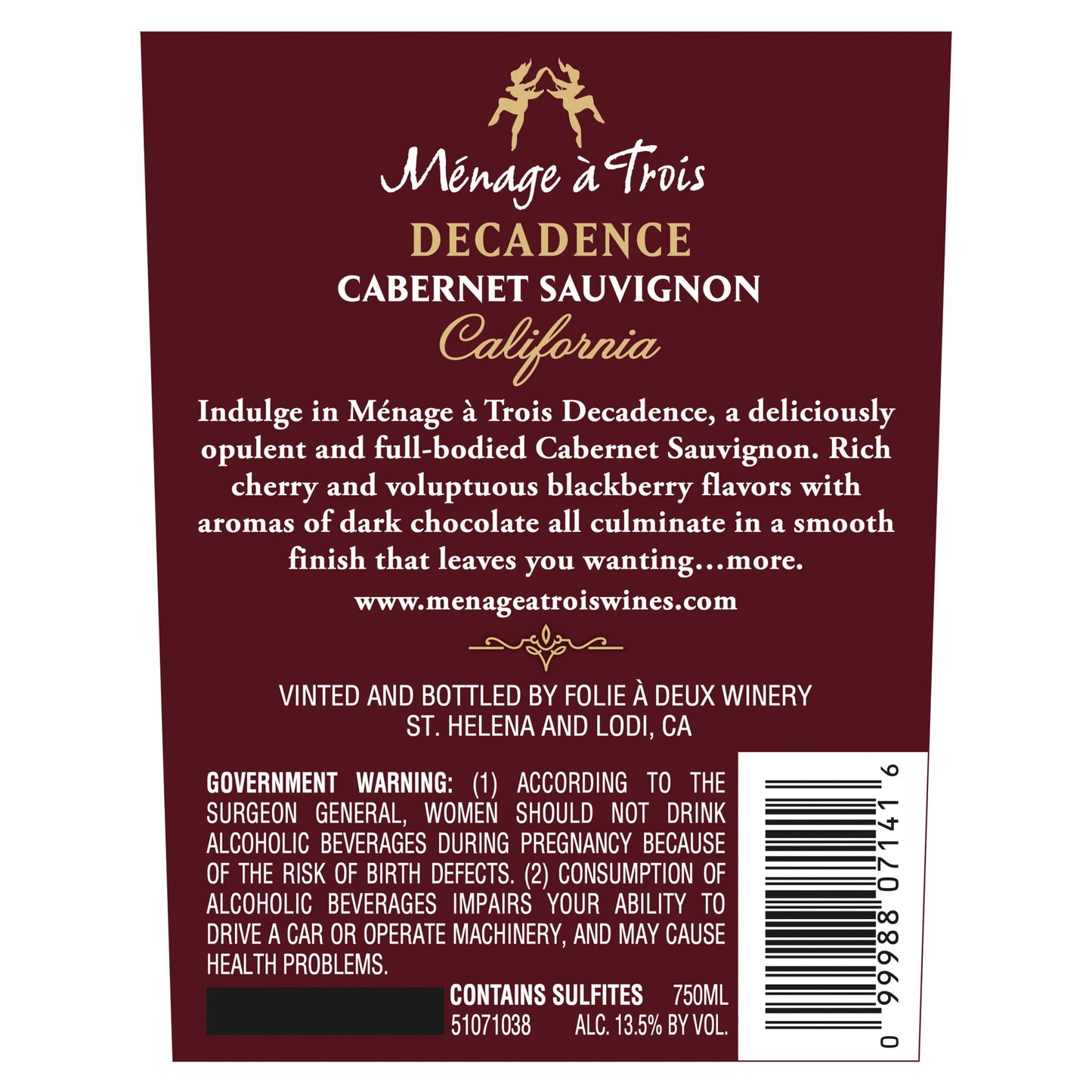 Menage a Trois Decadence Cabernet Sauvignon, 750 ml Bottle