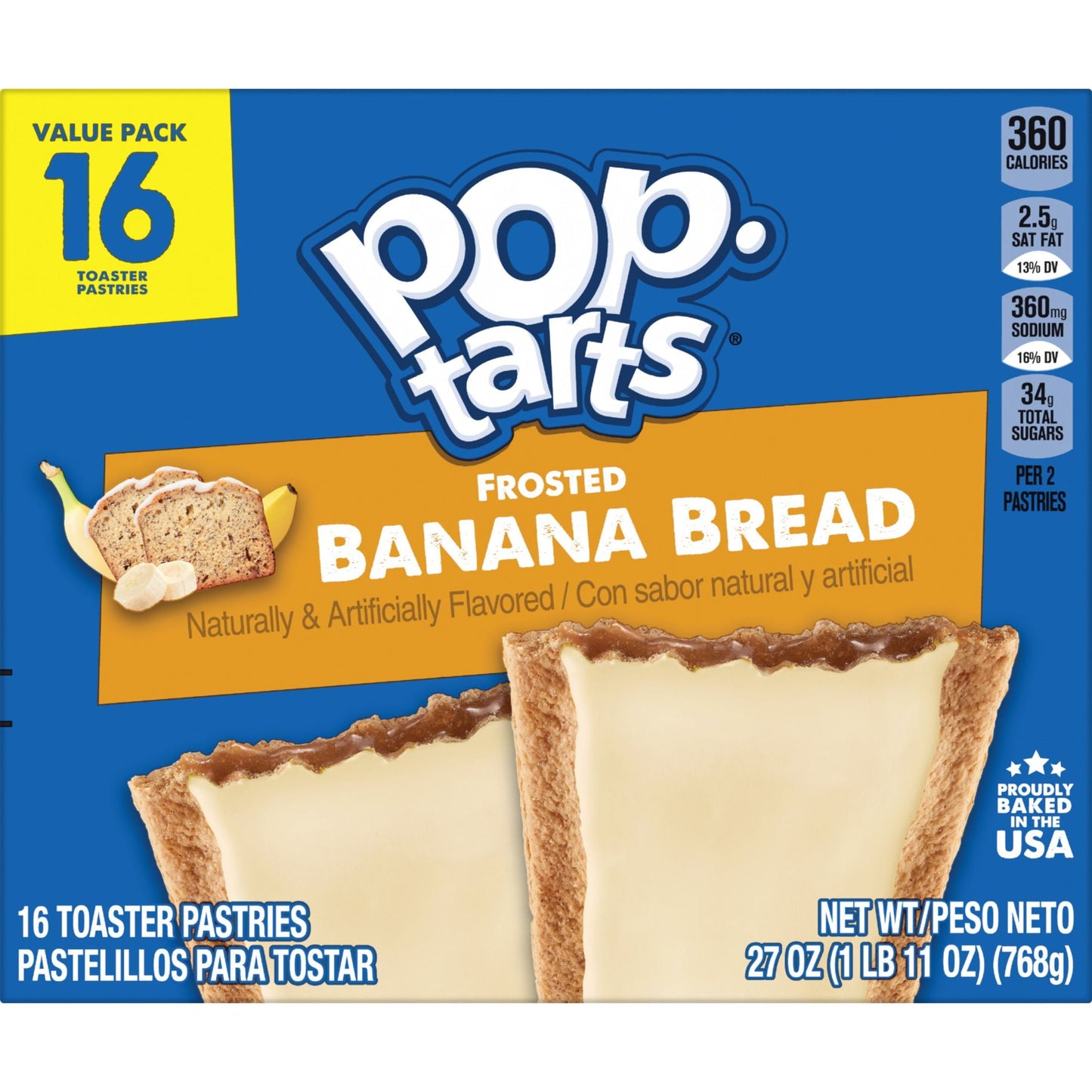 Pop-Tarts Frosted Banana Bread Instant Breakfast Toaster Pastries, Shelf-Stable, Ready-to-Eat, 27 oz, 16 Count Box