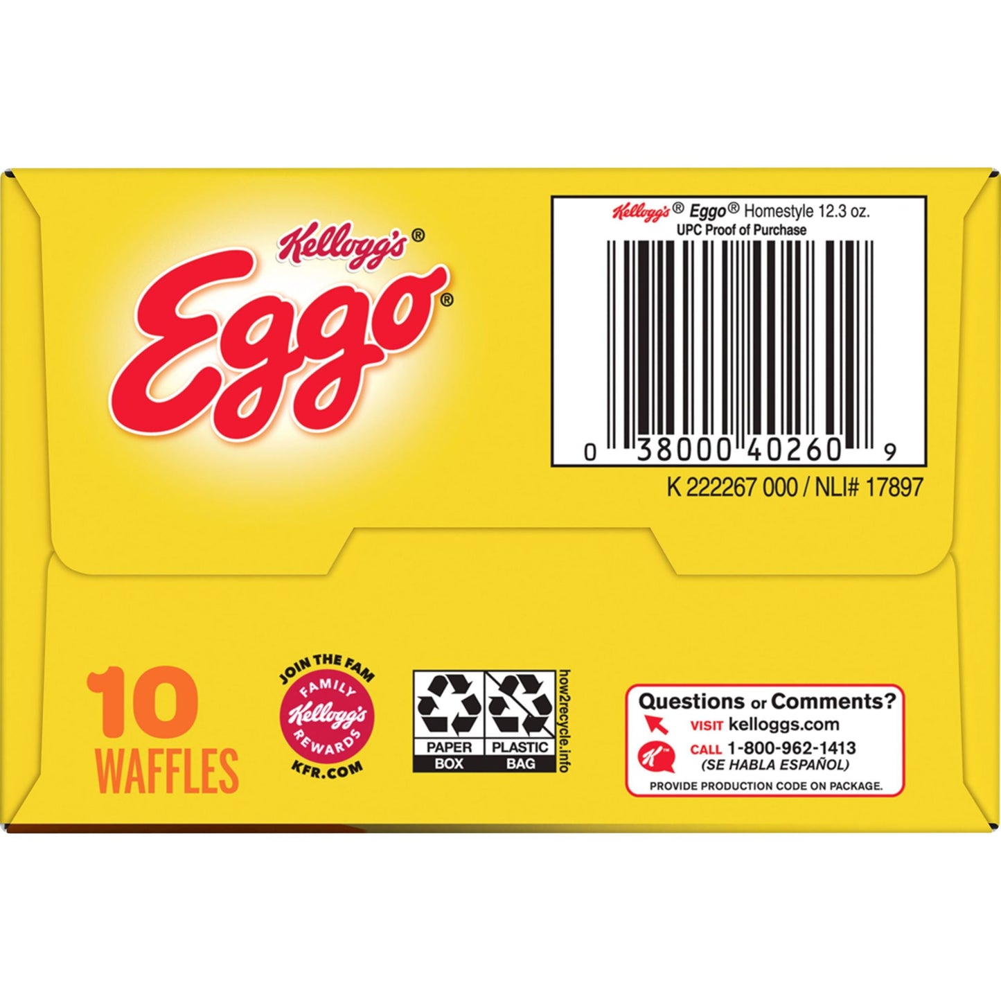 Eggo Homestyle Original Waffles, 12.3 oz, 10 Count (Frozen), Regular