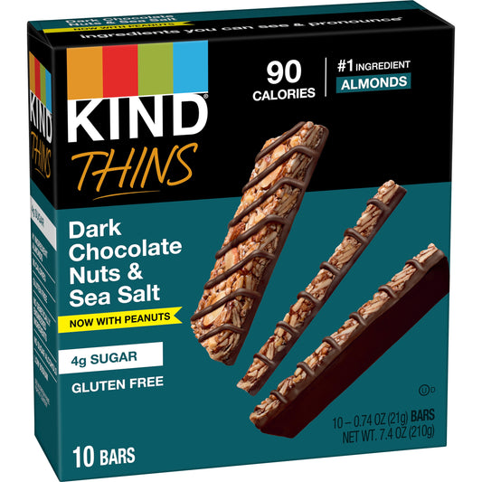 KIND Thins Gluten Free Dark Chocolate Nuts & Sea Salt Snack Bars, 0.74 oz, 10 Count