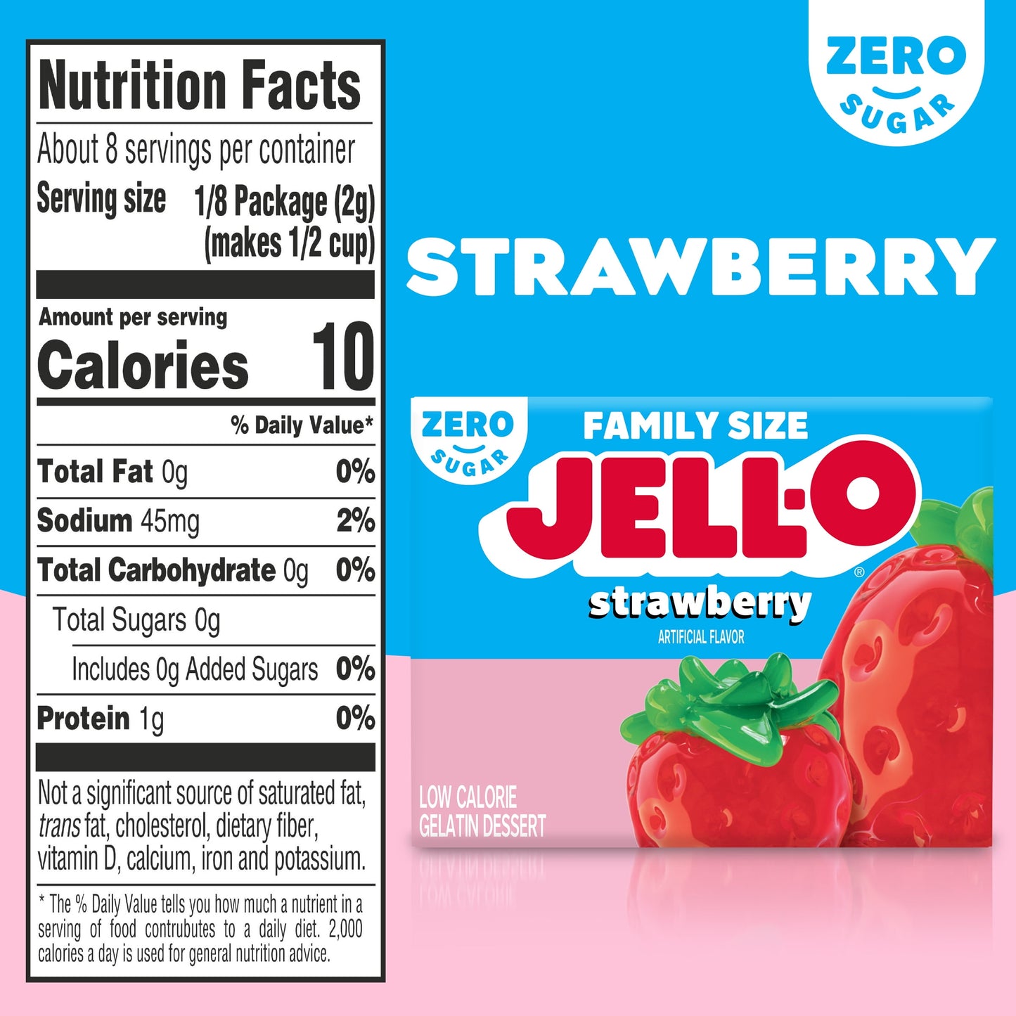 Jell-O Strawberry Artificially Flavored Zero Sugar Low Calorie Gelatin Dessert Mix, Family Size, 0.6 oz Box
