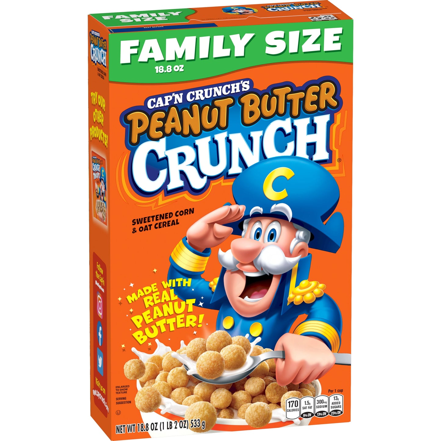 Cap'n Crunch's Cereal, Peanut Butter Crunch, Family Size, 18.8 oz