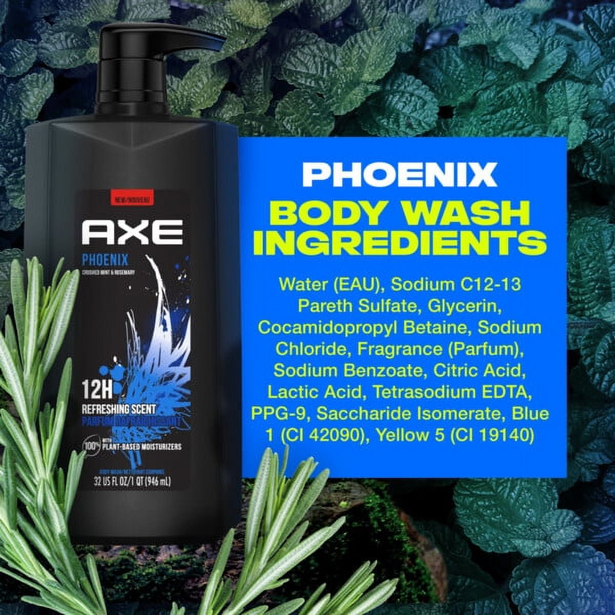 Axe Phoenix Refreshing Long Lasting Body Wash, Crushed Mint and Rosemary, 32 fl oz