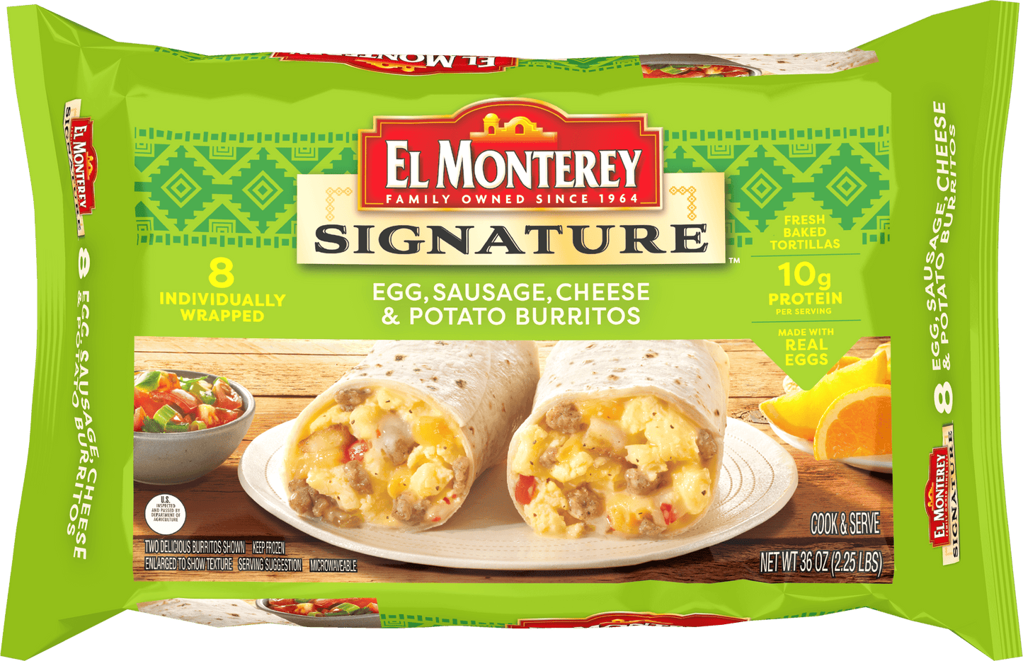 El Monterey Signature Egg, Sausage, Cheese & Potato Burritos, 8 Count, 36 oz (Frozen)