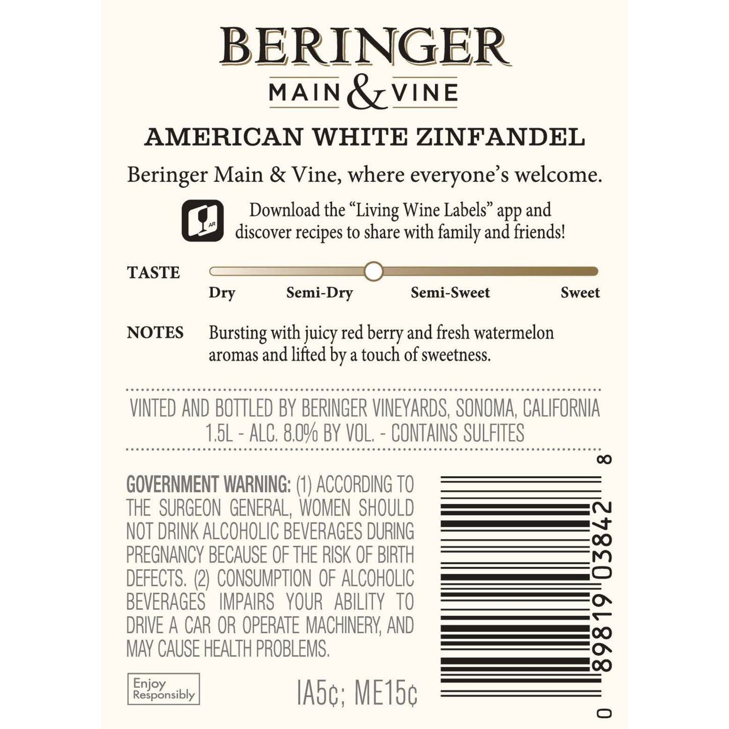 Beringer Main & Vine White Zinfandel California Rose Wine, 1.5 L Glass, ABV 13.00%