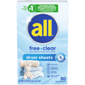 all Fabric Softener Dryer Sheets for Sensitive Skin, Free Clear, 80 Count