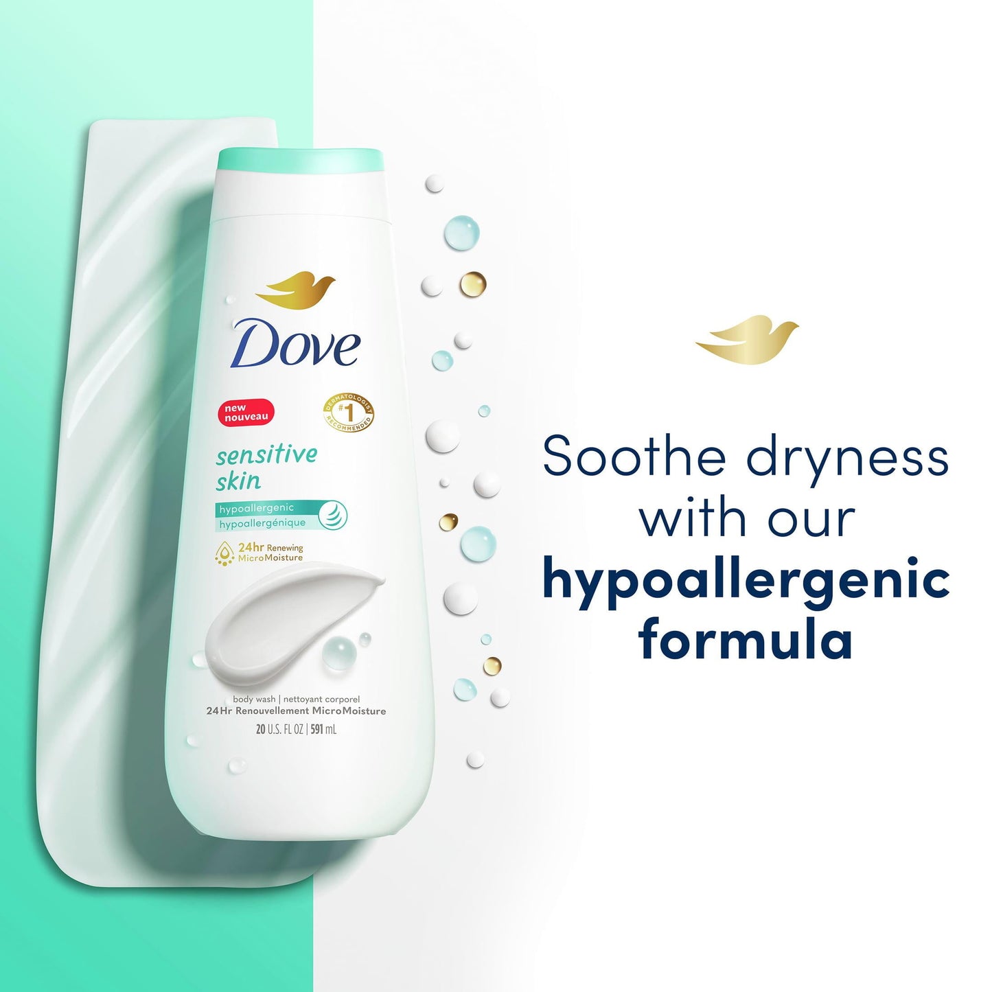 Dove Sensitive Skin Long Lasting Gentle Hypoallergenic Body Wash Twin Pack, 20 fl oz