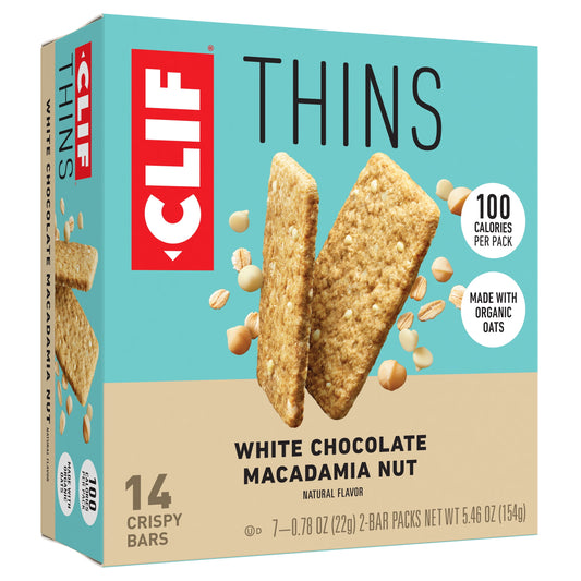 CLIF BAR Thins - White Chocolate Macadamia Nut Flavor - Crispy Snack Bars - Made with Organic Oats - Non-GMO - Plant-Based - 100 Calorie Packs - 0.78 oz. (7 Pack)