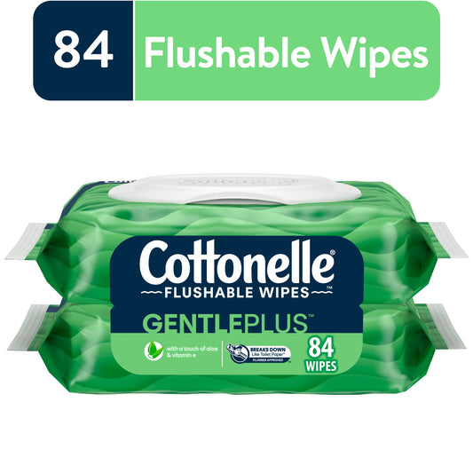 Cottonelle Gentle Plus Flushable Wipes, 2 Flip-Top Packs, 42 Wipes Per Pack (84 Total)