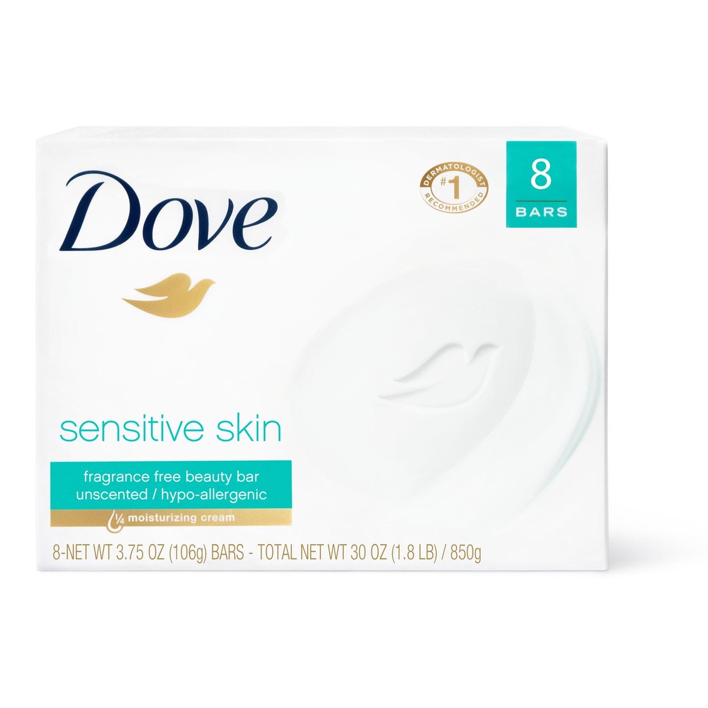 Dove Sensitive Skin Gentle Beauty Bar Soap, Unscented, 3.75 oz (8 Bars)