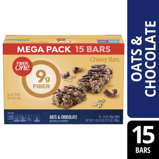 Fiber One Chewy Bars, Oats & Chocolate, Fiber Snacks, Mega Pack, 15 ct