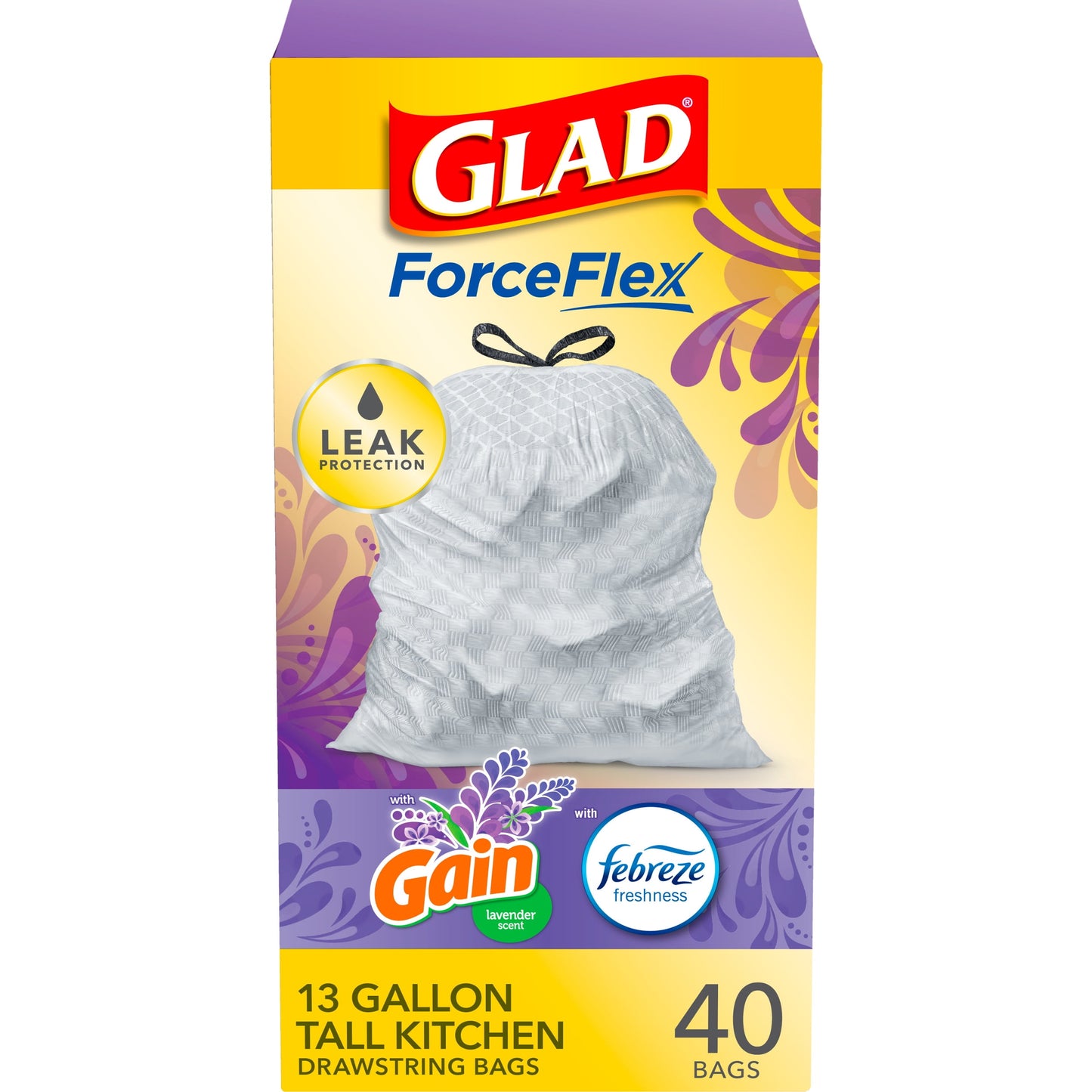 Glad ForceFlex 13 Gallon Tall Kitchen Trash Bags, Gain Lavender with Febreze, 40 Bags