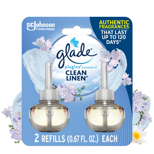 Glade PlugIns Refill 2 ct, Clean Linen, 1.34 FL. oz. Total, Scented Oil Air Freshener Infused with Essential Oils